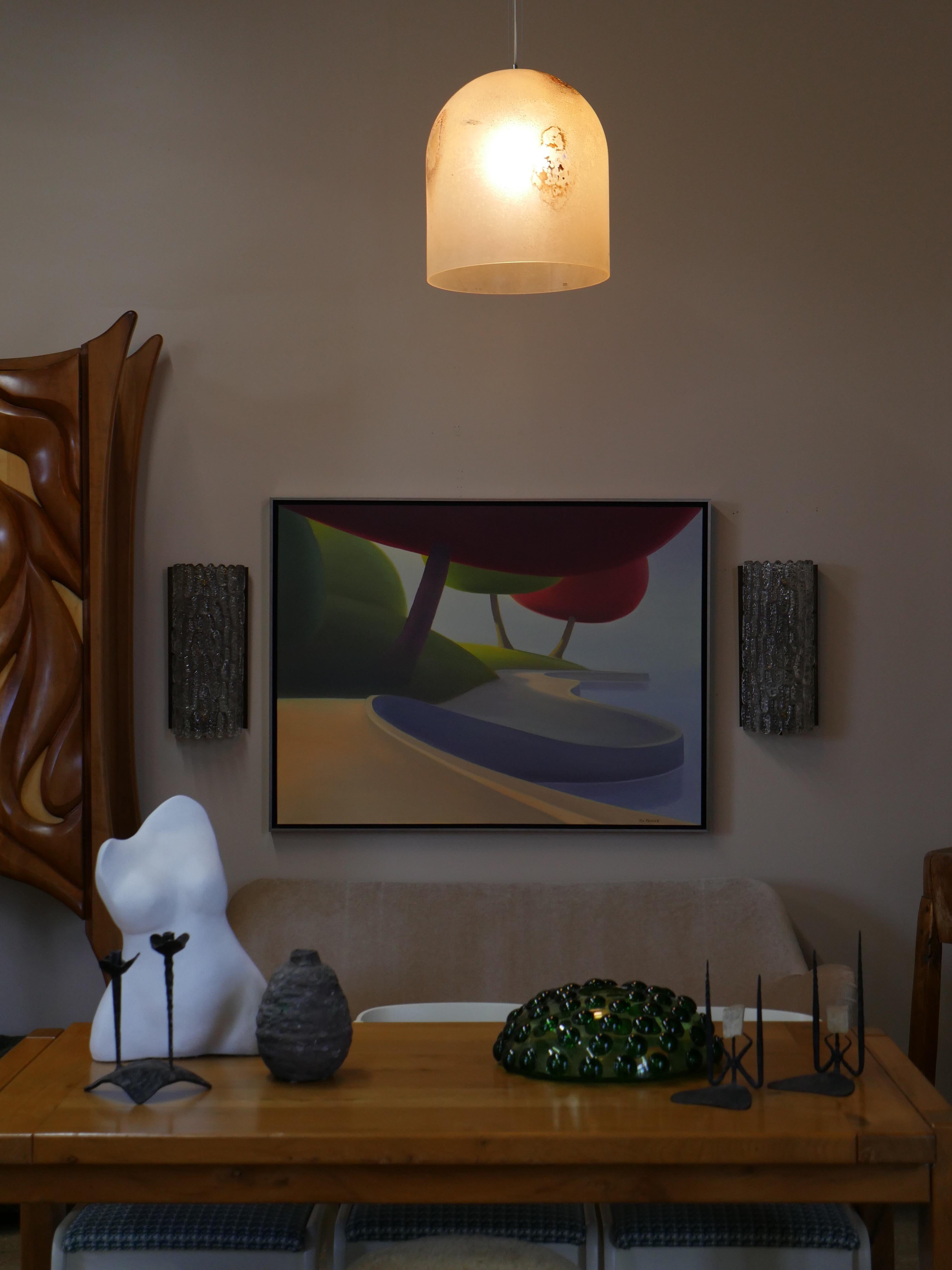 A commanding light fixture by renowned Italian glass artist Alfredo Barbini. This large, bell shaped pendant showcases the iconic scavo technique, developed in Murano to mimic the ancient, weathered texture of archaeological glass. The surface