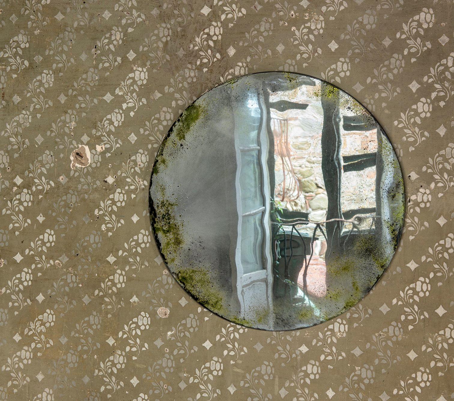 Large Alice mirror by Slow Design 
Dimensions: Diameter 90 cm 
Materials: Glass. gold/ grey/ blue/ moss green /MDF on back side oxidation effect on the clear mirror.
Technique: Grisaille.
Available in gold/moss green/blue/black. Also available in