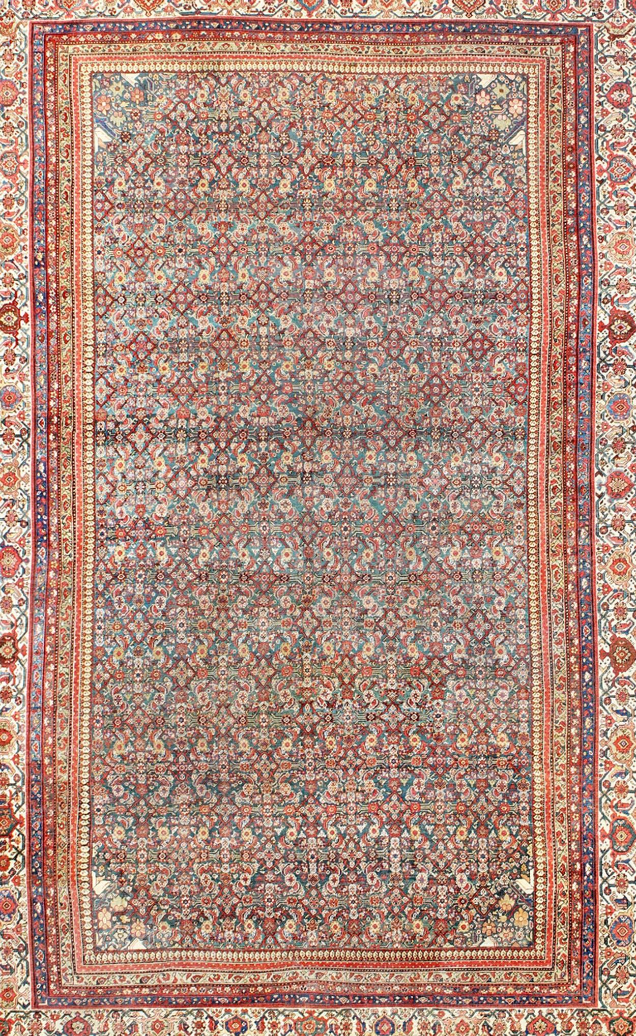 Hand-Knotted Large All-Over Antique Persian Sultanabad Rug in Green Background For Sale