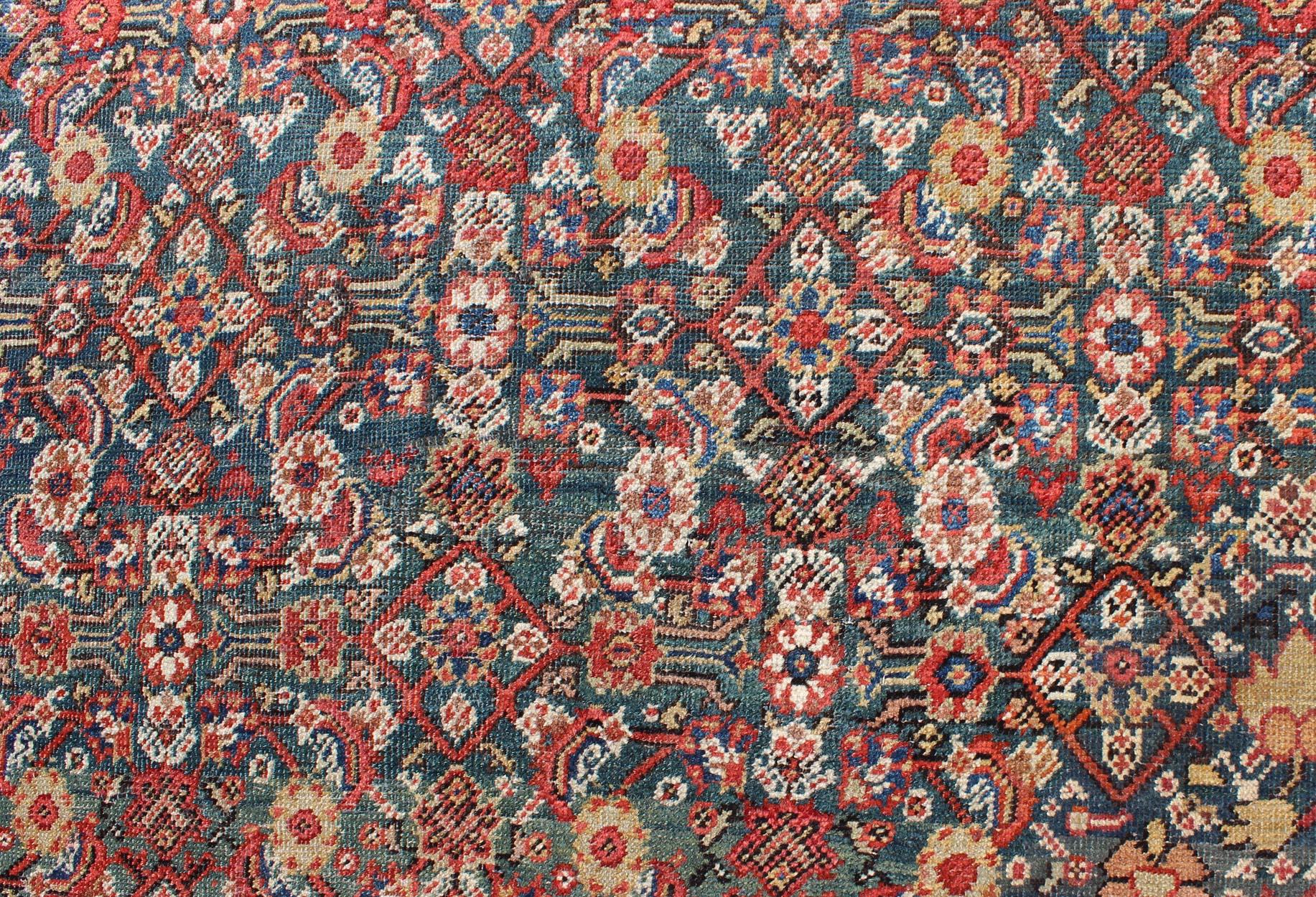 Wool Large All-Over Antique Persian Sultanabad Rug in Green Background For Sale