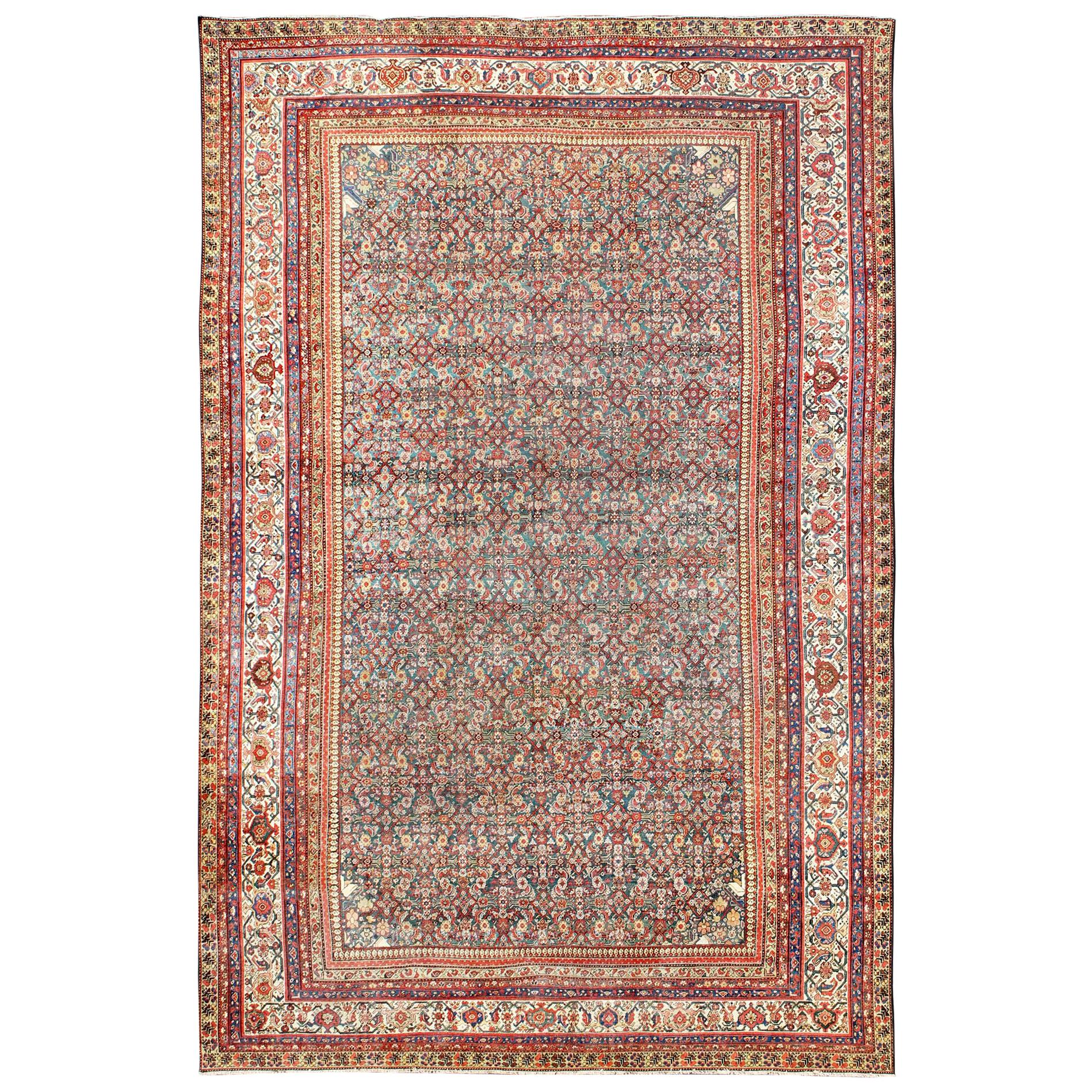 Large All-Over Antique Persian Sultanabad Rug in Green Background For Sale