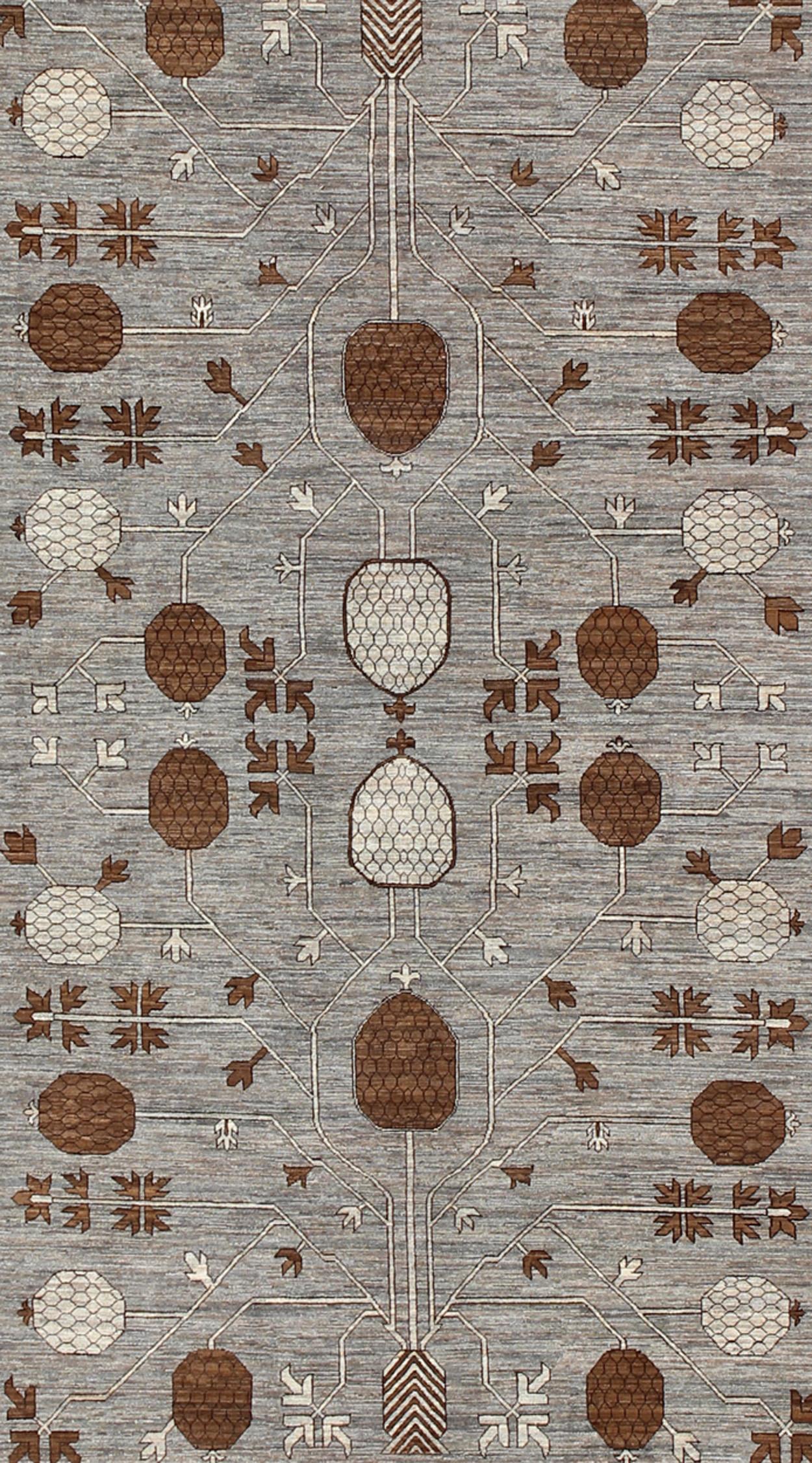 Turkish Large All-Over Design Khotan Rug in Gray Background with Brown, Ivory & Taupe For Sale