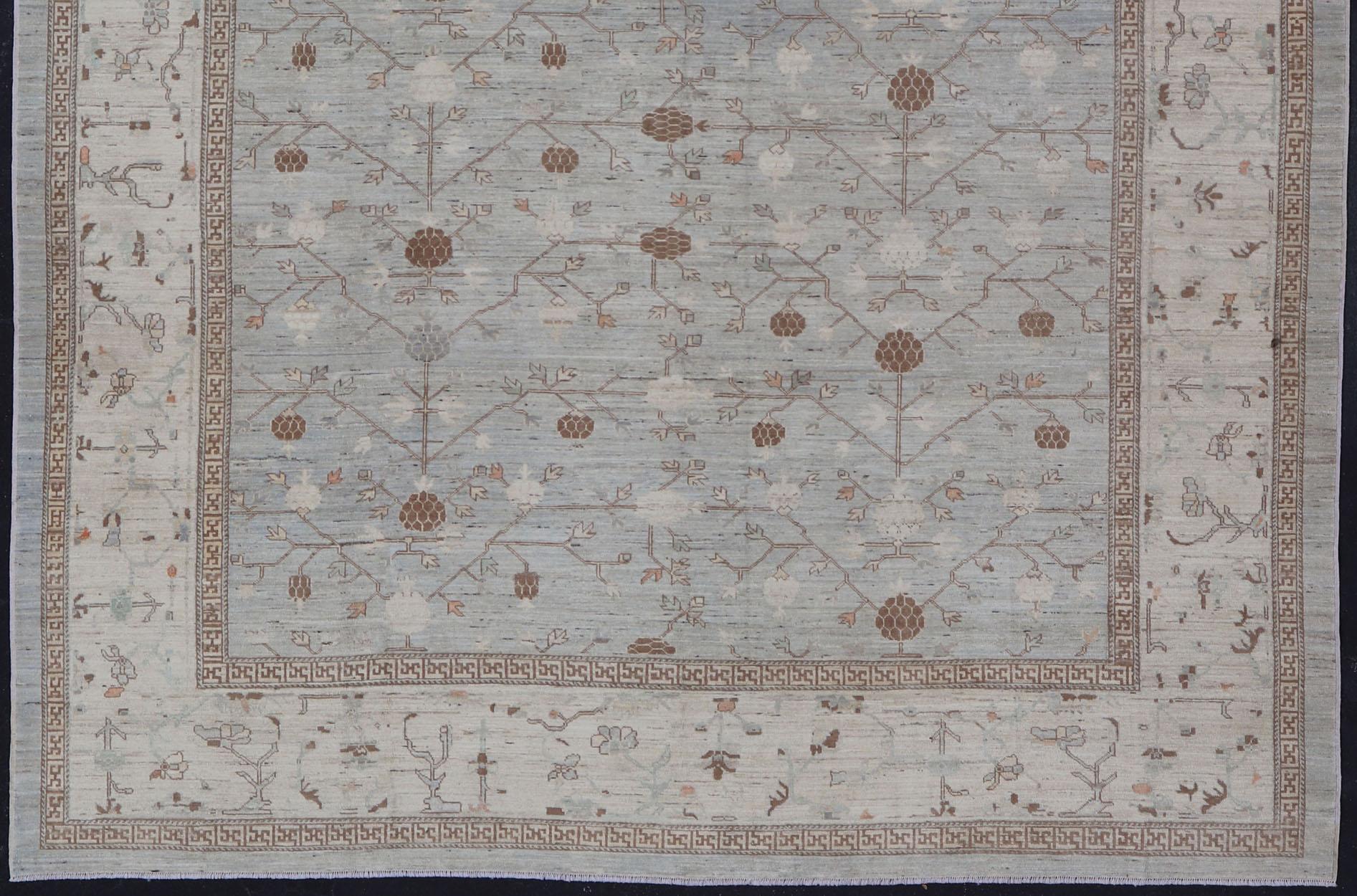 Hand-Knotted Large All-Over Design Khotan Rug in Grey Blue, Light Brown, Ivory & Taupe For Sale