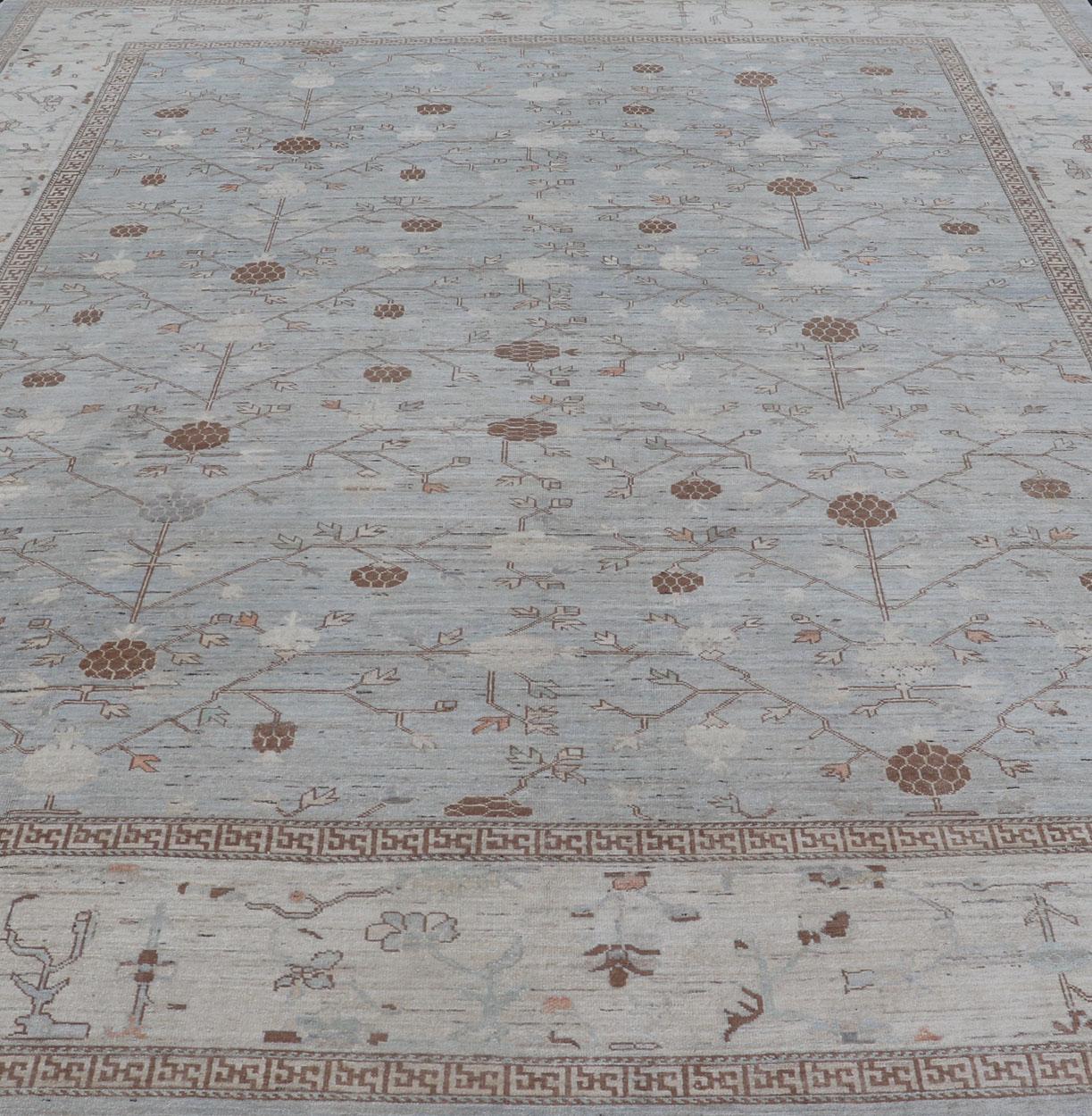Large All-Over Design Khotan Rug in Grey Blue, Light Brown, Ivory & Taupe In Excellent Condition For Sale In Atlanta, GA