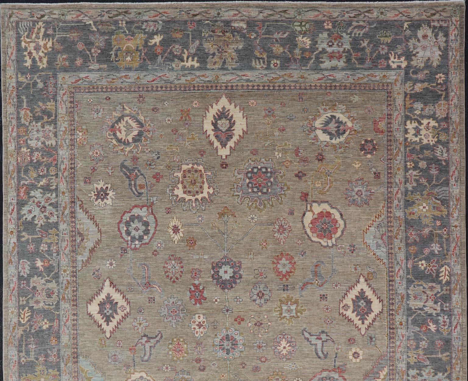 Large All-Over Designed Tabriz with A Yellow-Taupe Background and Muted Colors For Sale 3