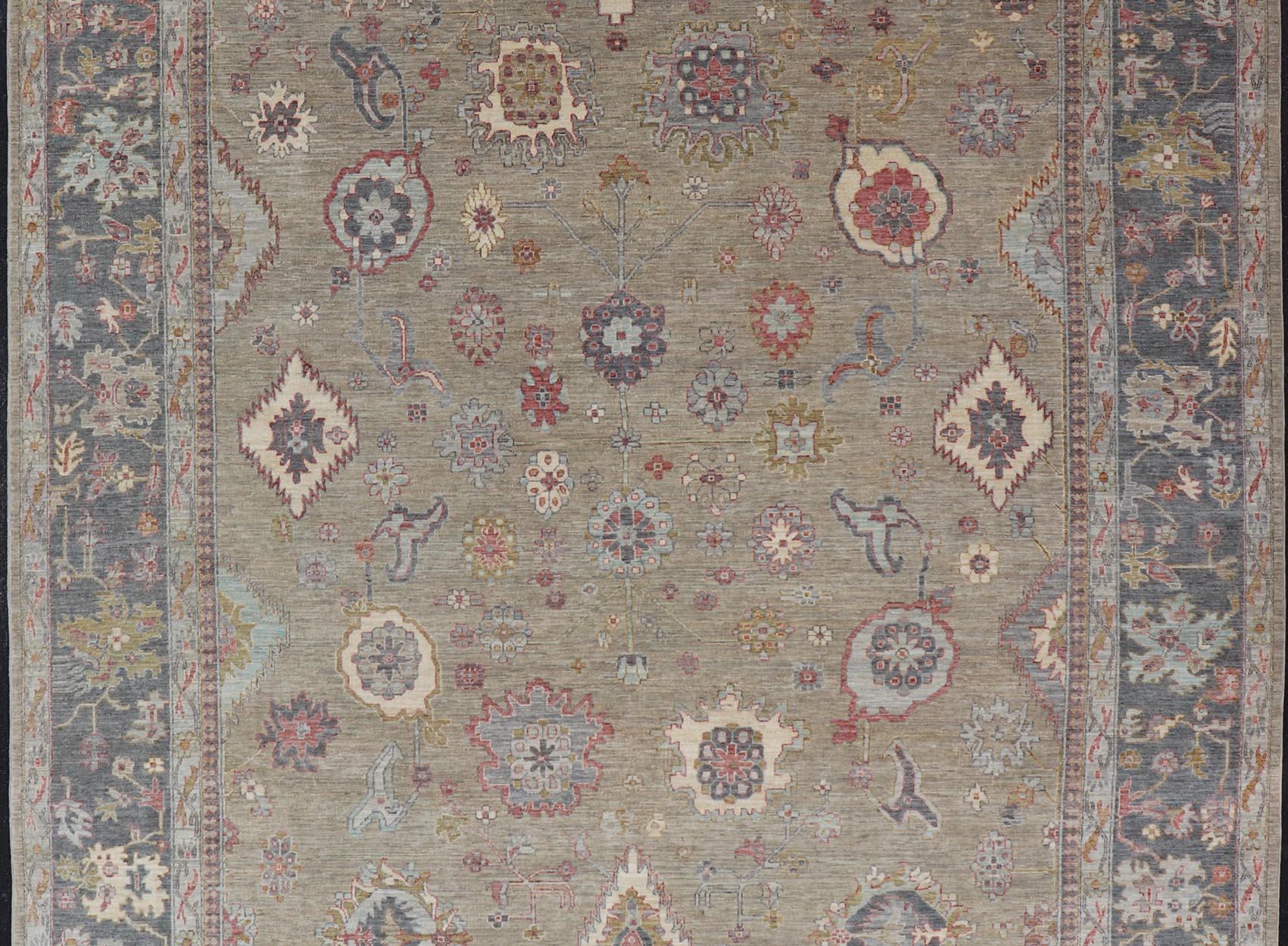 Large All-Over Designed Tabriz with A Yellow-Taupe Background and Muted Colors For Sale 4