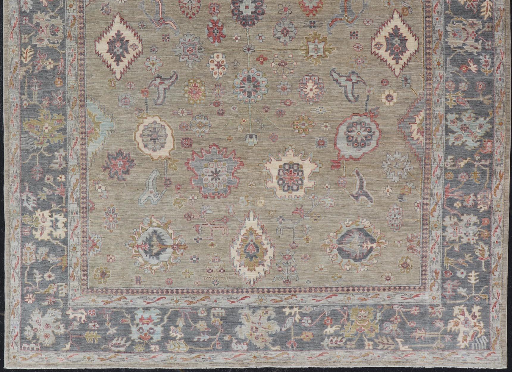 Large All-Over Designed Tabriz with A Yellow-Taupe Background and Muted Colors For Sale 5