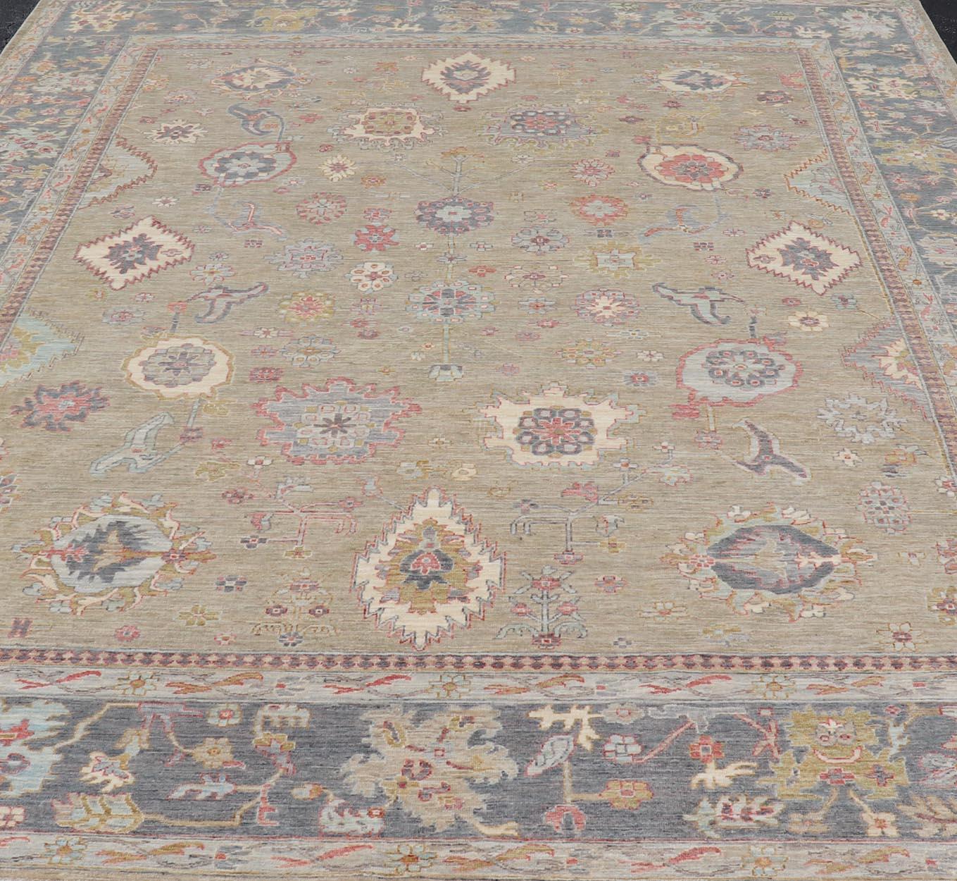 Large All-Over Designed Tabriz with A Yellow-Taupe Background and Muted Colors For Sale 6