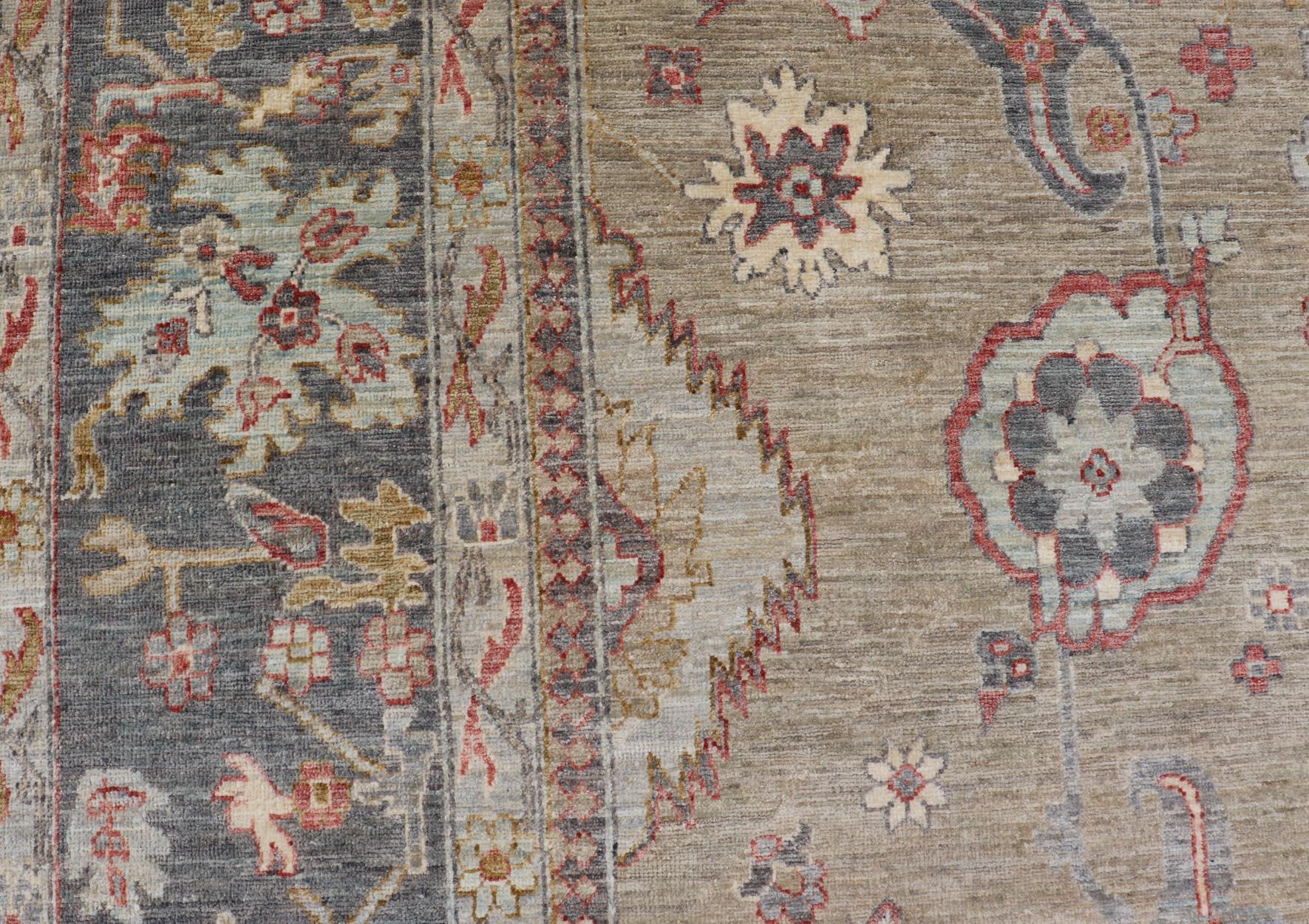 Contemporary Large All-Over Designed Tabriz with A Yellow-Taupe Background and Muted Colors For Sale
