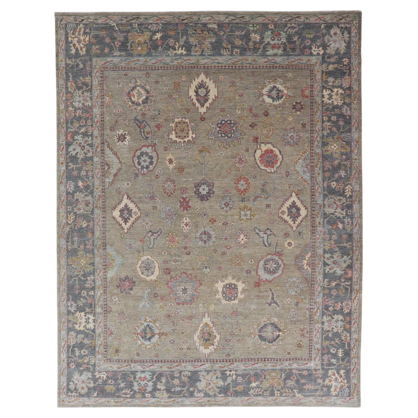 Large All-Over Designed Tabriz with A Yellow-Taupe Background and Muted Colors For Sale