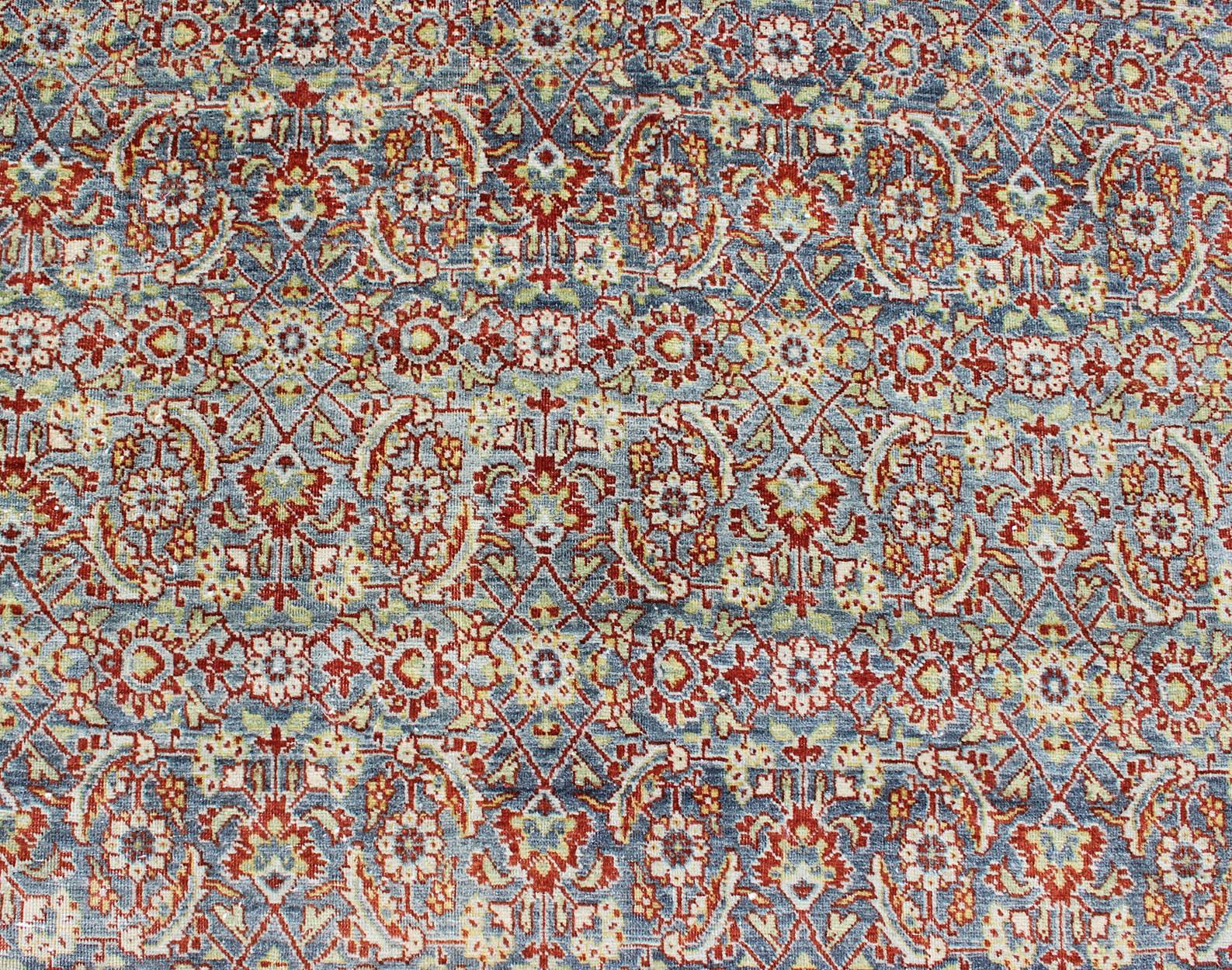 Large All-Over Geometric Antique Persian Tabriz Rug in Blue, Gray, and Red Tones For Sale 4