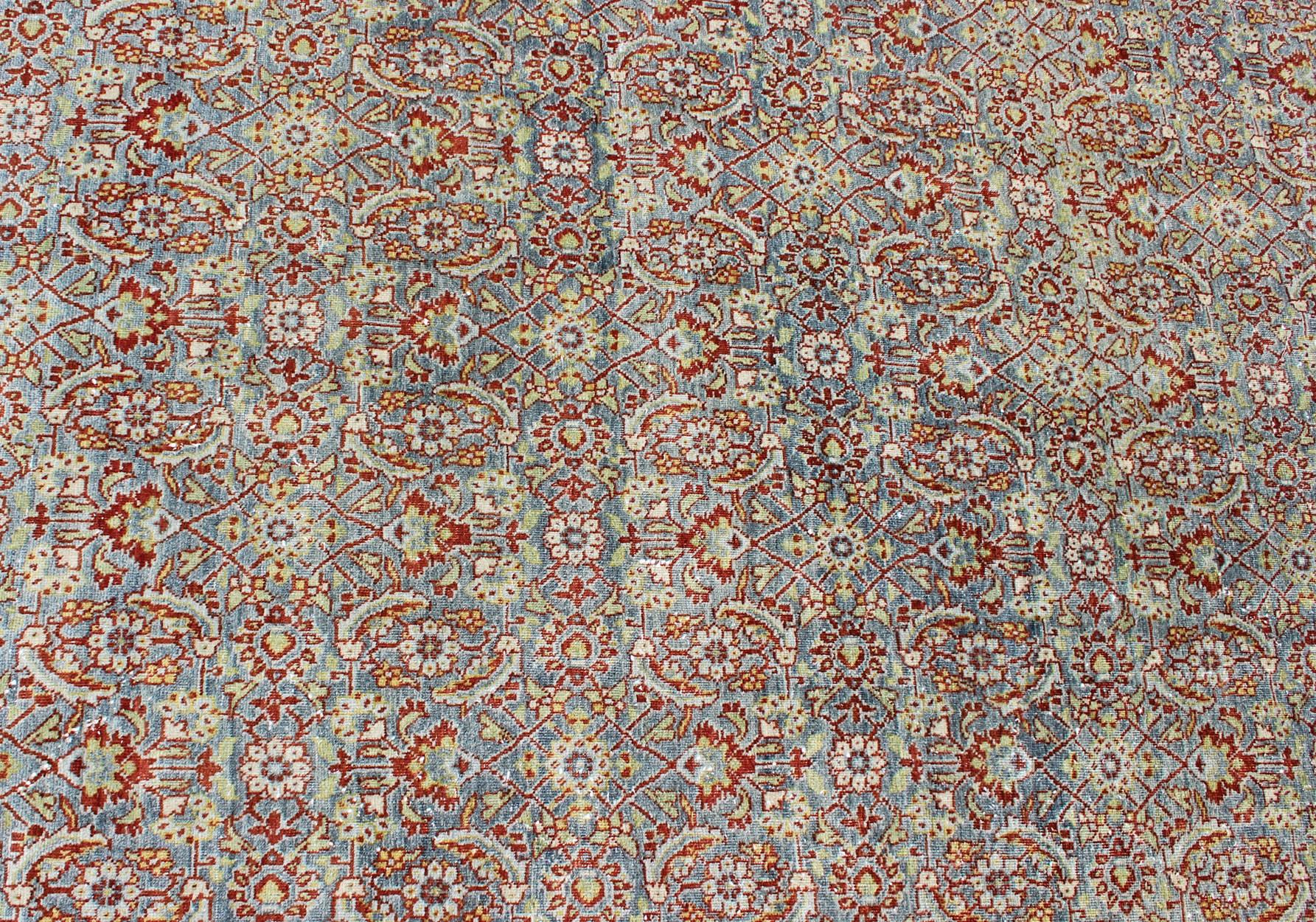 Large All-Over Geometric Antique Persian Tabriz Rug in Blue, Gray, and Red Tones For Sale 5