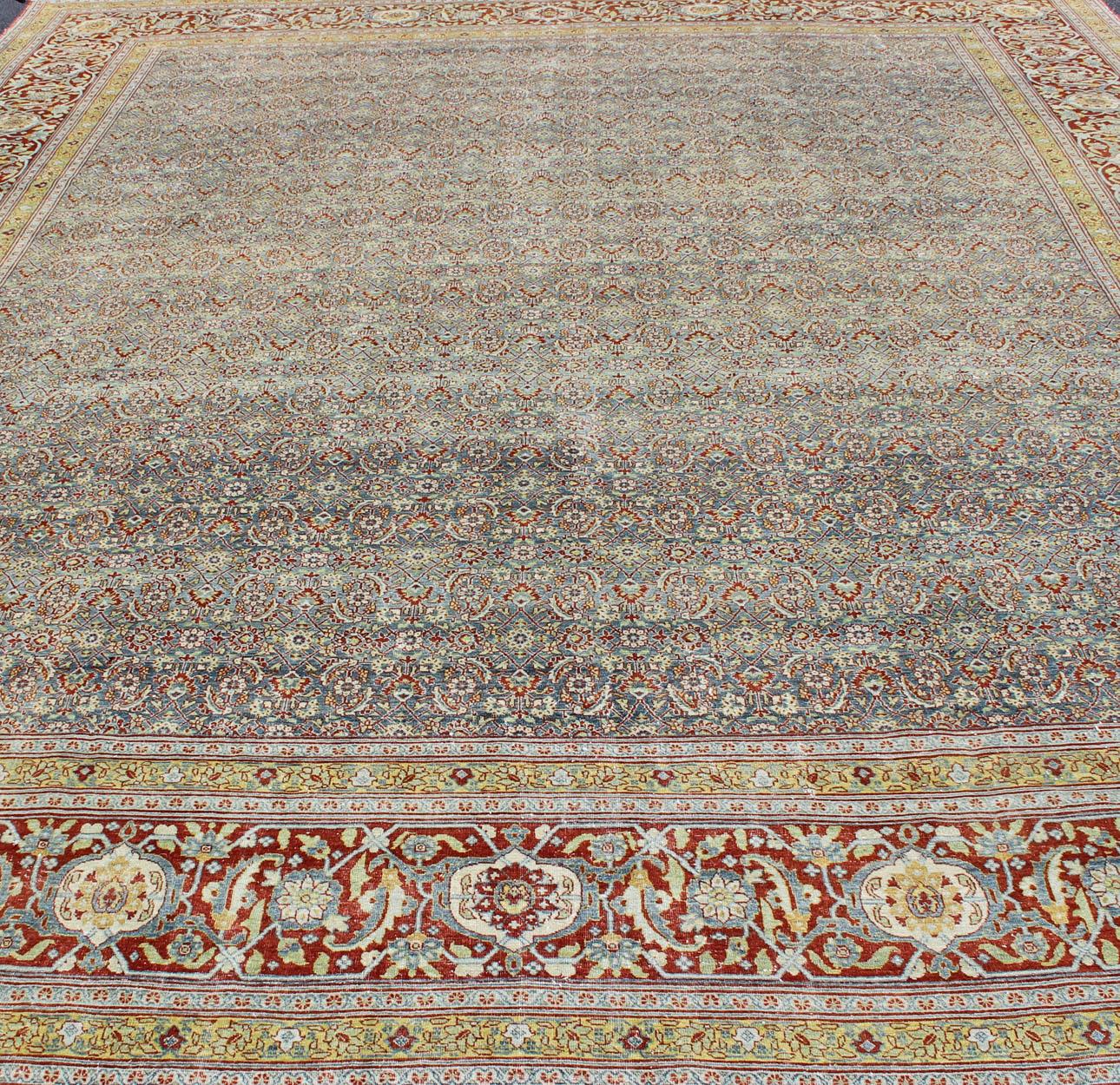 Large All-Over Geometric Antique Persian Tabriz Rug in Blue, Gray, and Red Tones For Sale 7