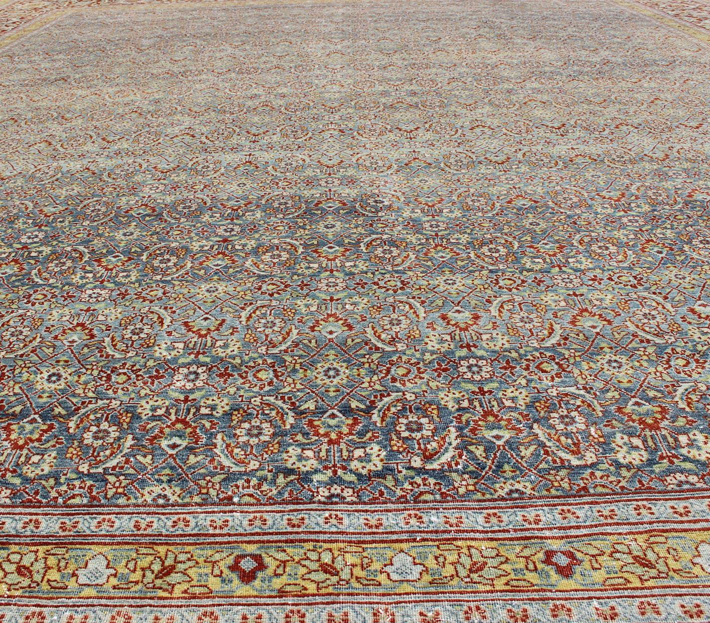 Large All-Over Geometric Antique Persian Tabriz Rug in Blue, Gray, and Red Tones For Sale 8