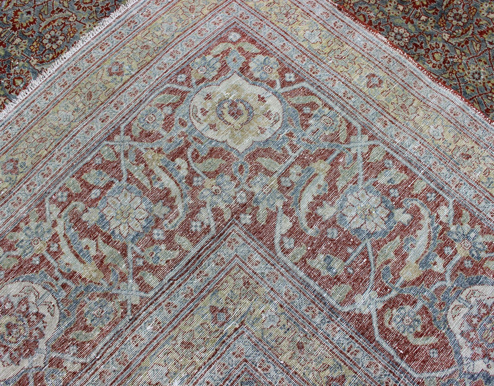 Large All-Over Geometric Antique Persian Tabriz Rug in Blue, Gray, and Red Tones For Sale 9