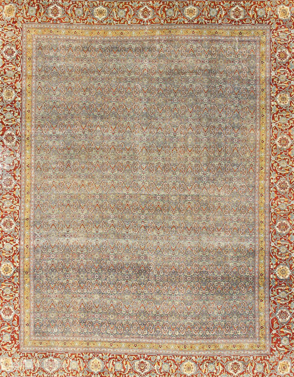 Hand-Knotted Large All-Over Geometric Antique Persian Tabriz Rug in Blue, Gray, and Red Tones For Sale