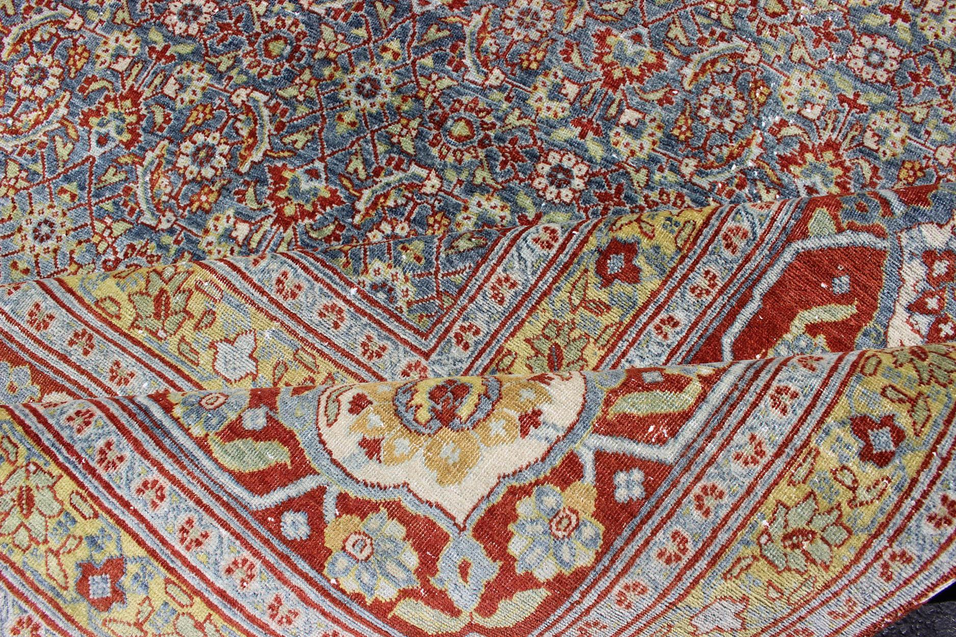 Early 20th Century Large All-Over Geometric Antique Persian Tabriz Rug in Blue, Gray, and Red Tones For Sale