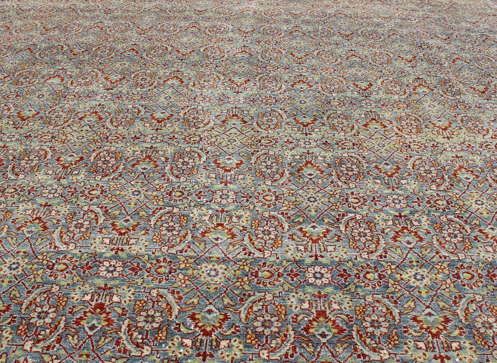 Wool Large All-Over Geometric Antique Persian Tabriz Rug in Blue, Gray, and Red Tones For Sale