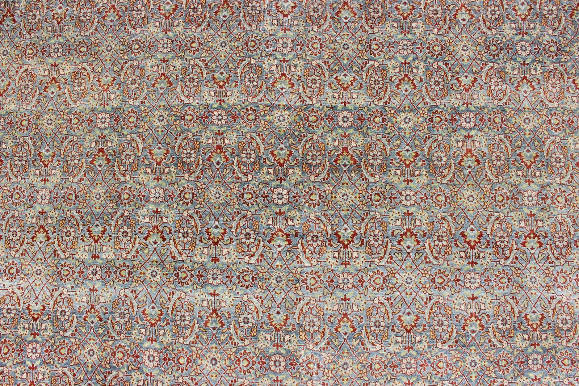 Large All-Over Geometric Antique Persian Tabriz Rug in Blue, Gray, and Red Tones For Sale 1