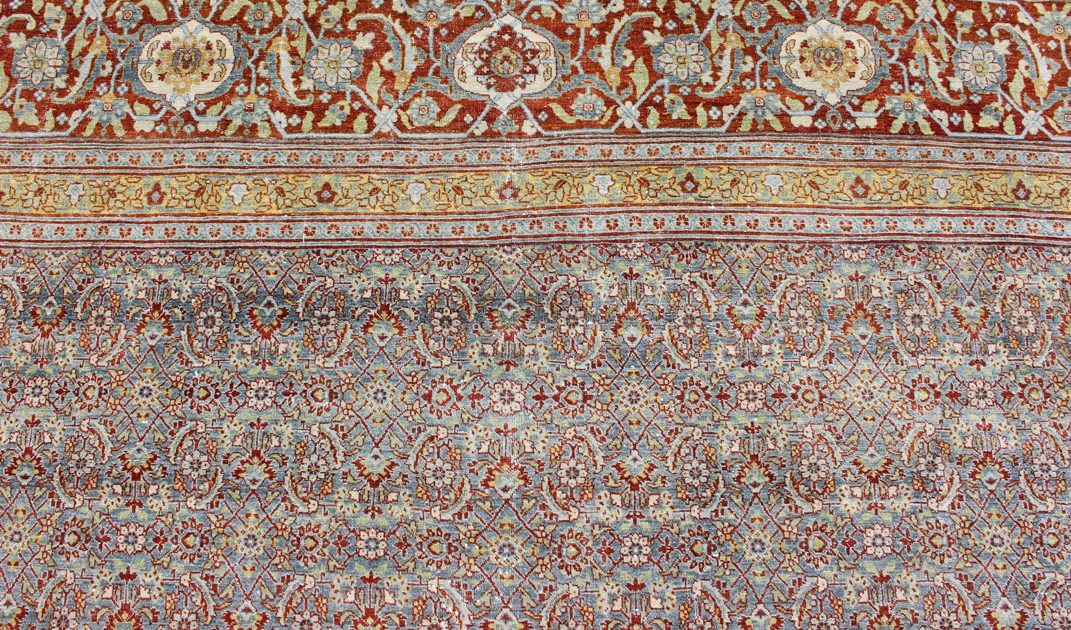 Large All-Over Geometric Antique Persian Tabriz Rug in Blue, Gray, and Red Tones For Sale 2