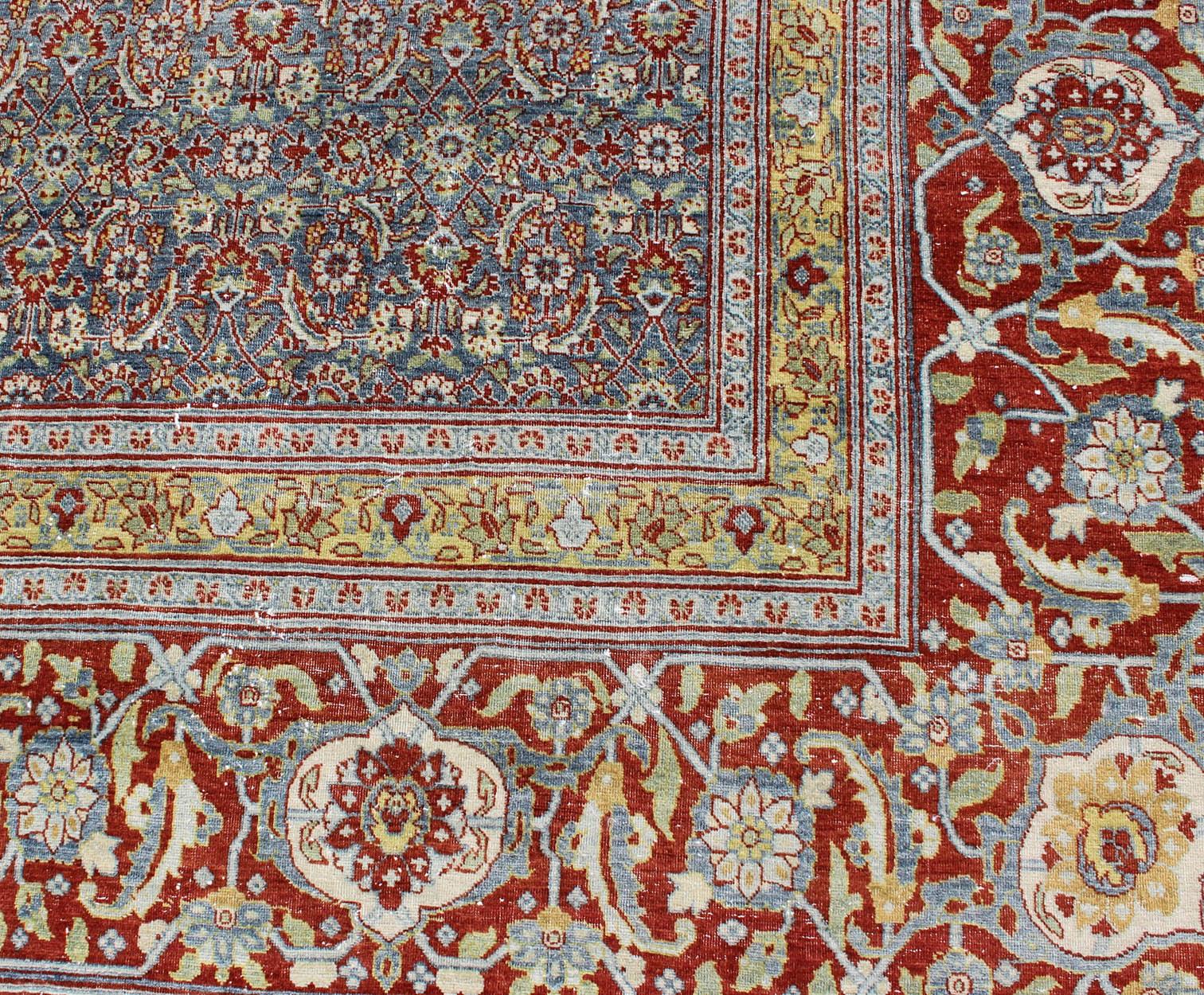 Large All-Over Geometric Antique Persian Tabriz Rug in Blue, Gray, and Red Tones For Sale 3