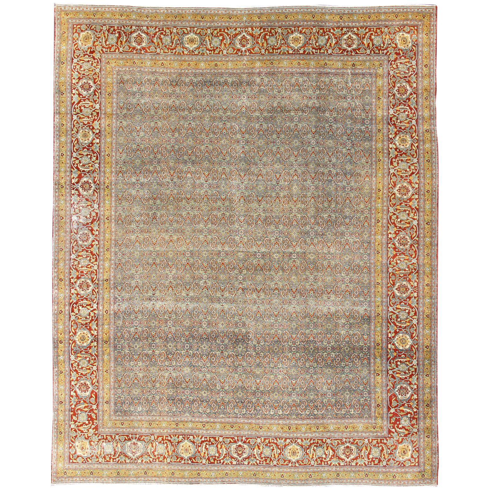 Large All-Over Geometric Antique Persian Tabriz Rug in Blue, Gray, and Red Tones For Sale