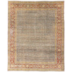 Großer geometrischer antiker persischer Täbris-Teppich in Blau, Grau und Rot in Blau