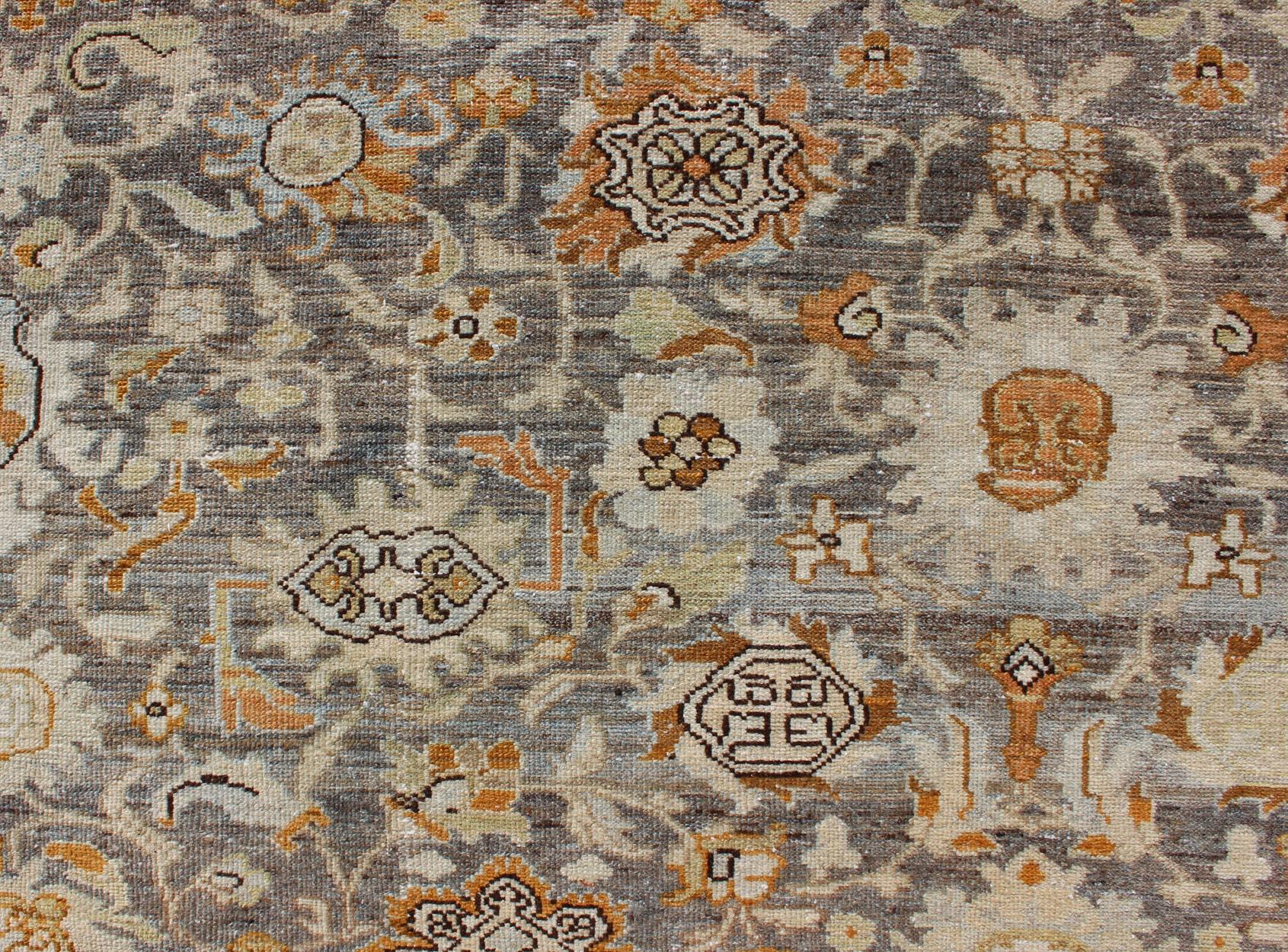 Großer übergroßer grauer und orangefarbener persischer Malayer-Teppich mit Blumenmuster im Angebot 7