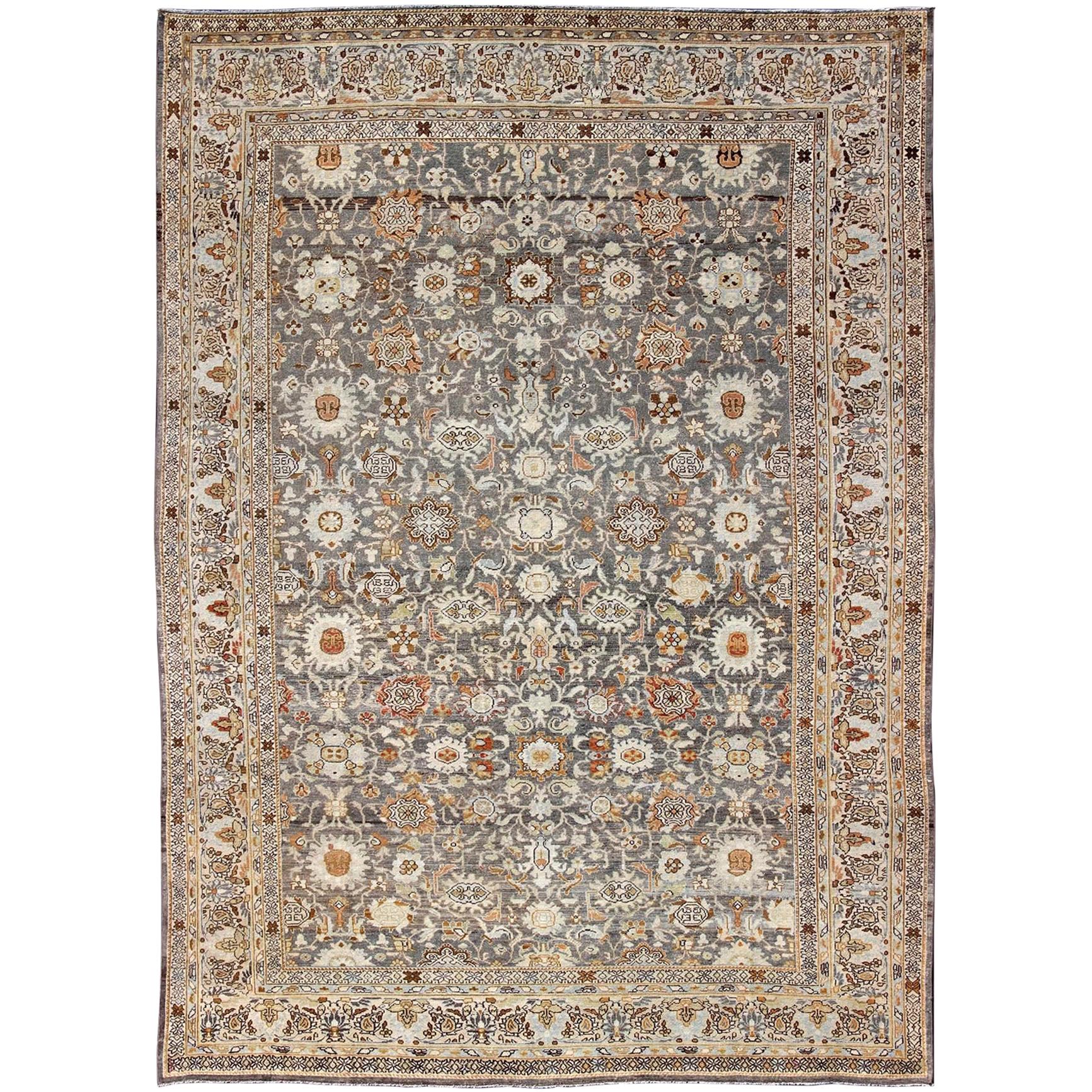 Large All-Over Gray and Orange Persian Malayer Rug with All-Over Floral Design