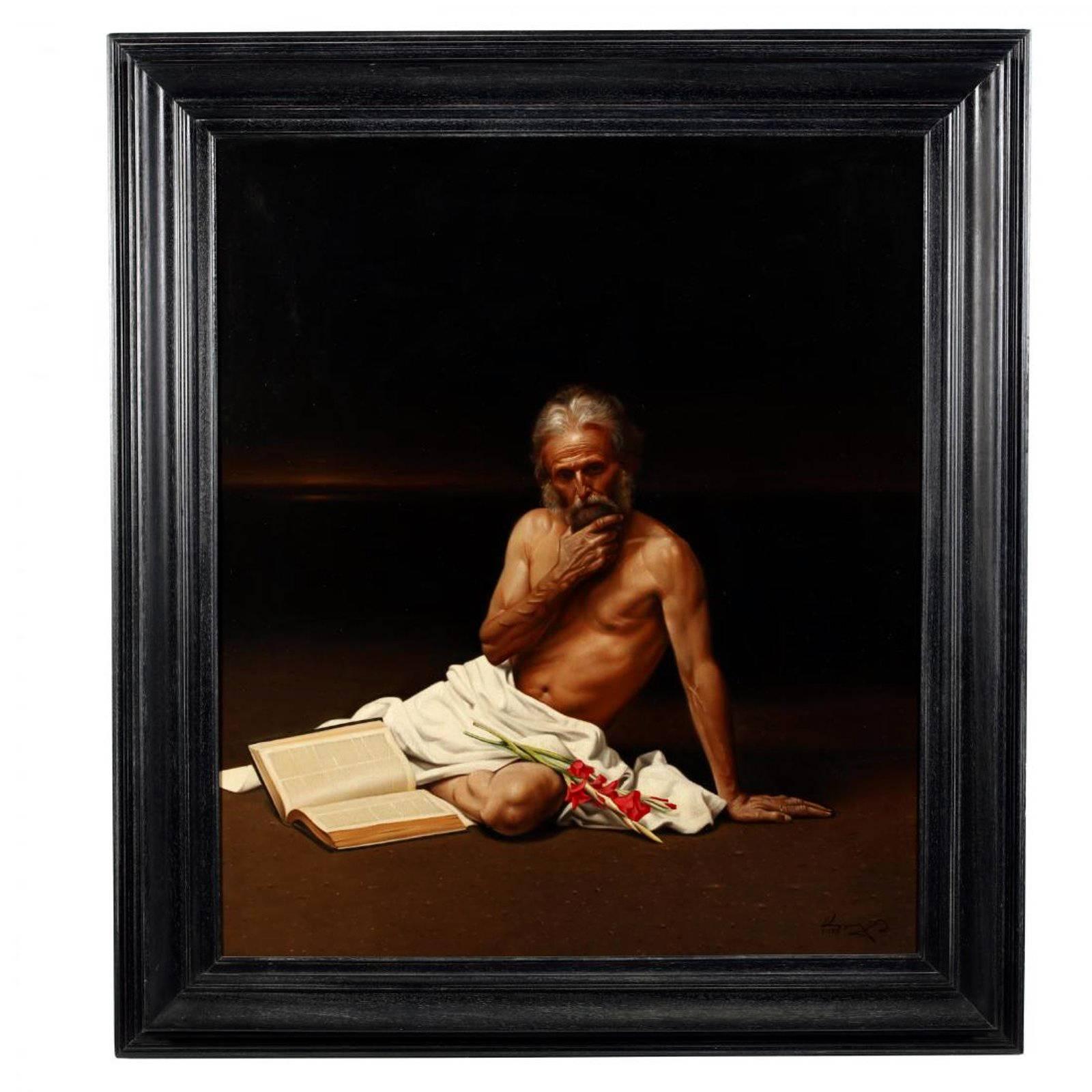 Grande peinture à l'huile d'Allégorie dans un cadre de l'artiste grec Angelos Panayiotou