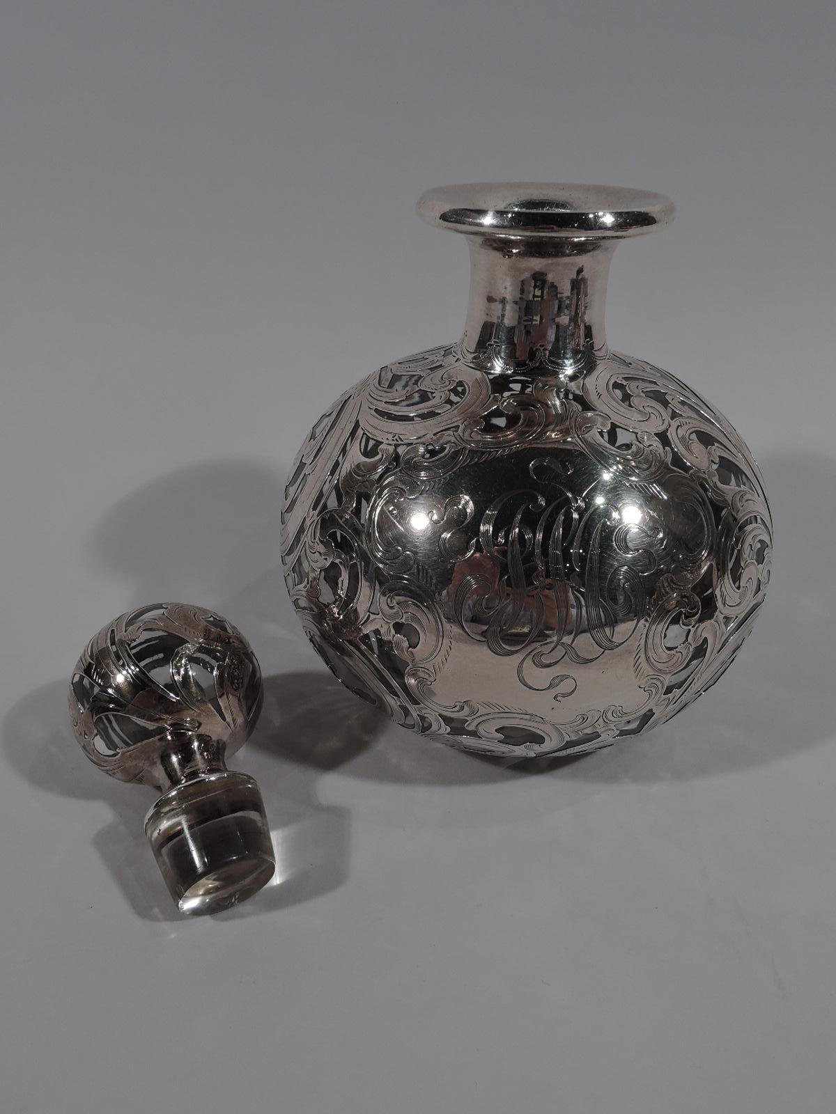 Large Alvin American Art Nouveau Silver Overlay Cologne Bottle In Excellent Condition In New York, NY