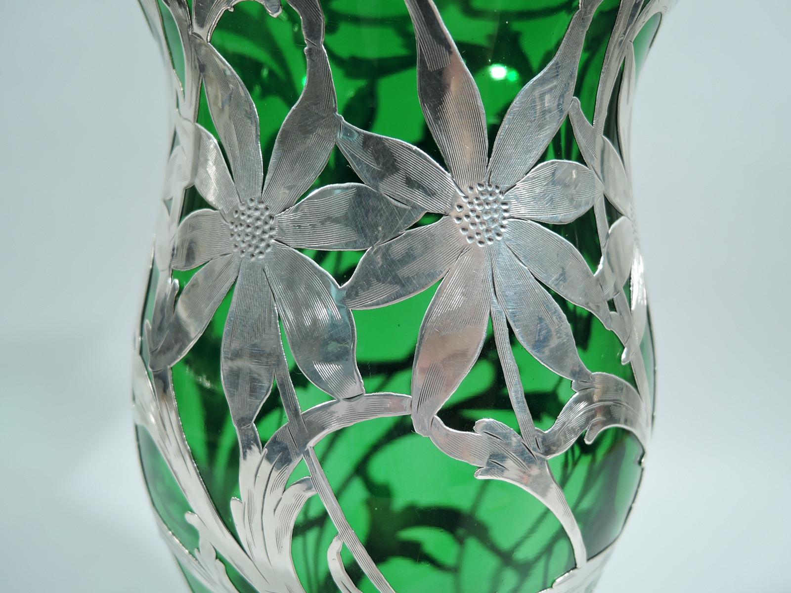 Sterling Silver Large Alvin Art Nouveau Green Silver Overlay Daisy Vase
