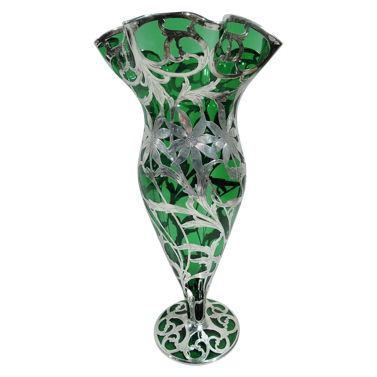 Large Alvin Art Nouveau Green Silver Overlay Daisy Vase