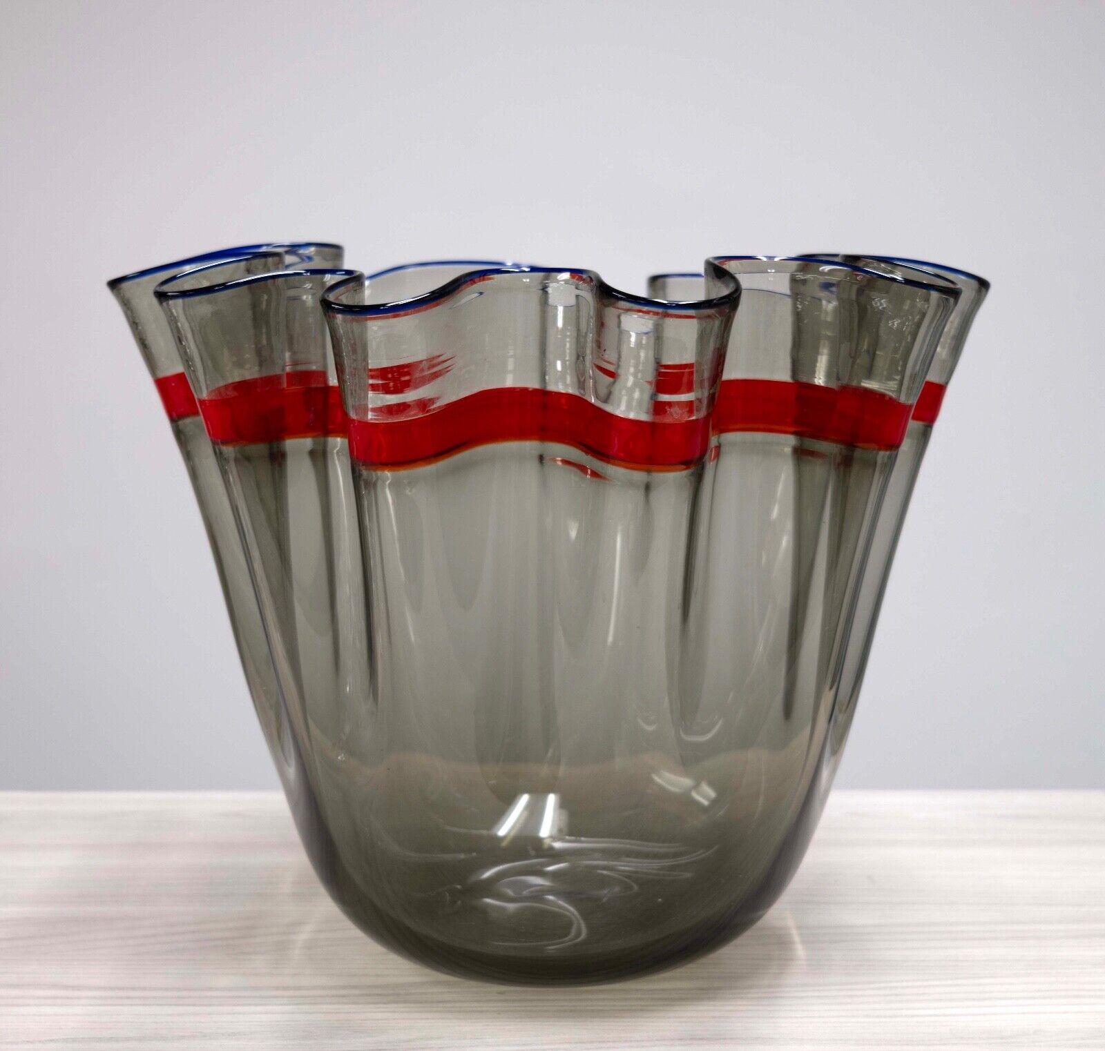 Late 20th Century Large Alvise Fazzoletto Smoked Red Stripe Handkerchief Bowl Vessel 1980s For Sale