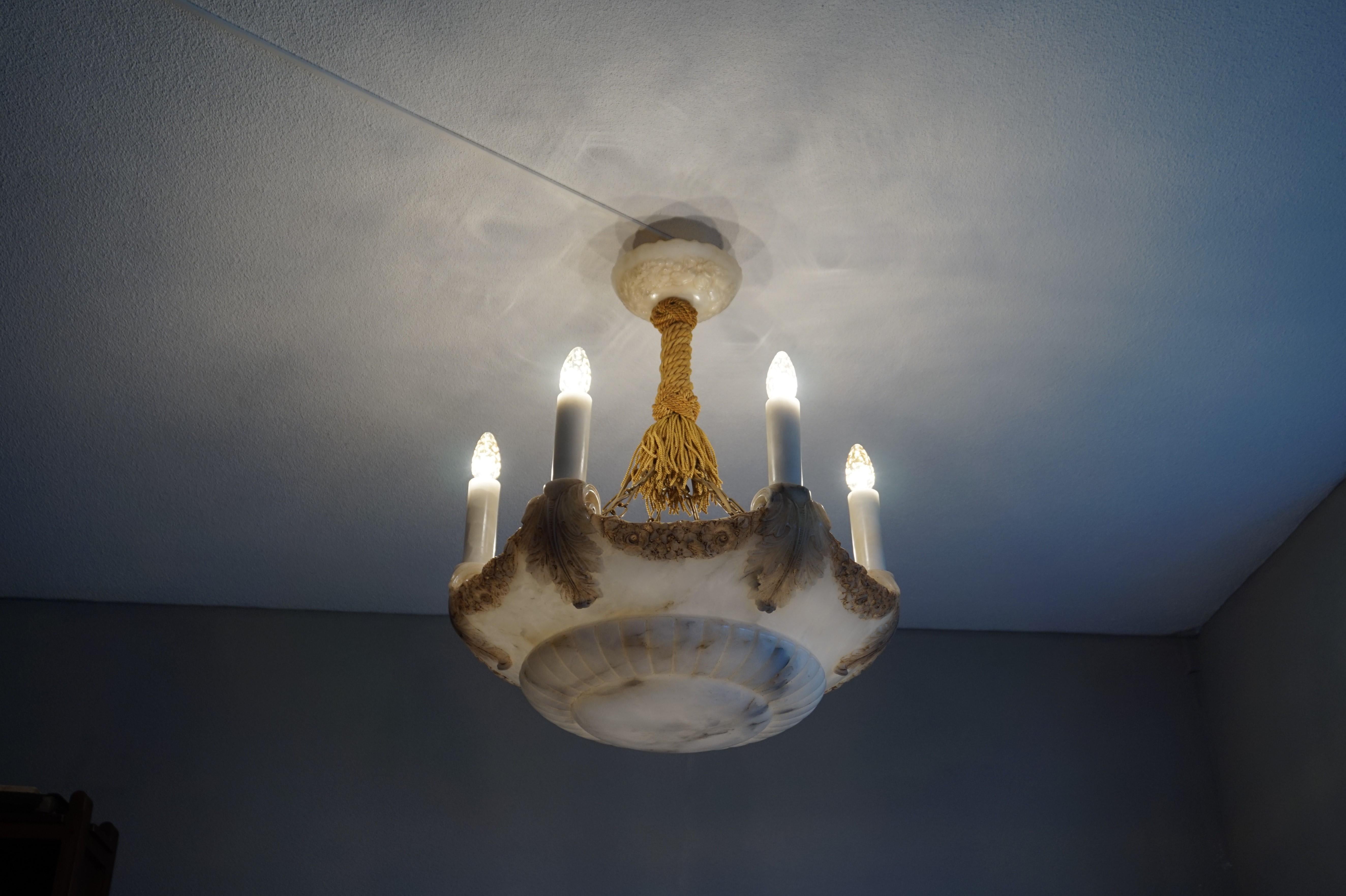 Large & Amazing Hand Carved Antique Neoclassical Alabaster Six-Light Chandelier For Sale 5