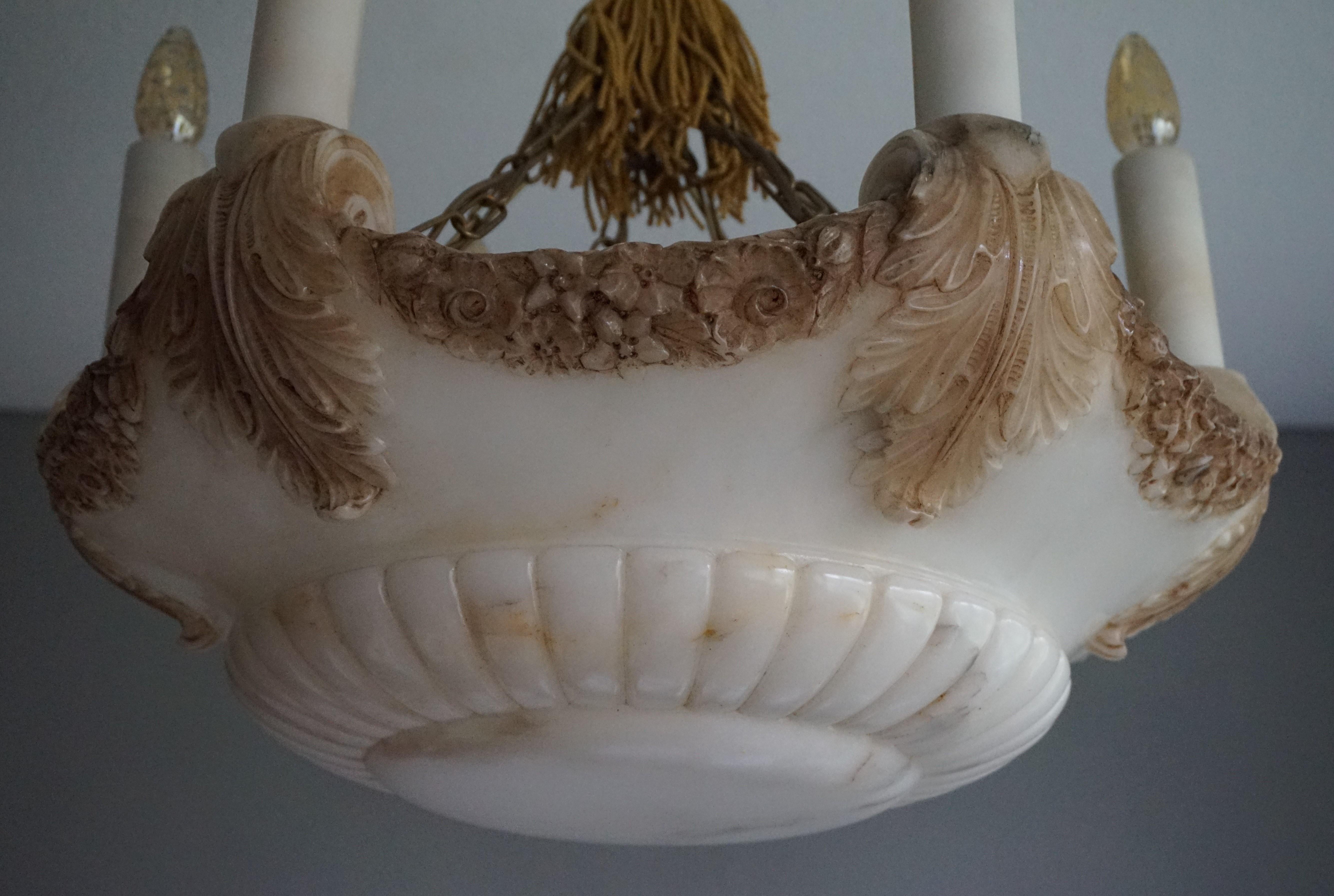 Large & Amazing Hand Carved Antique Neoclassical Alabaster Six-Light Chandelier For Sale 6