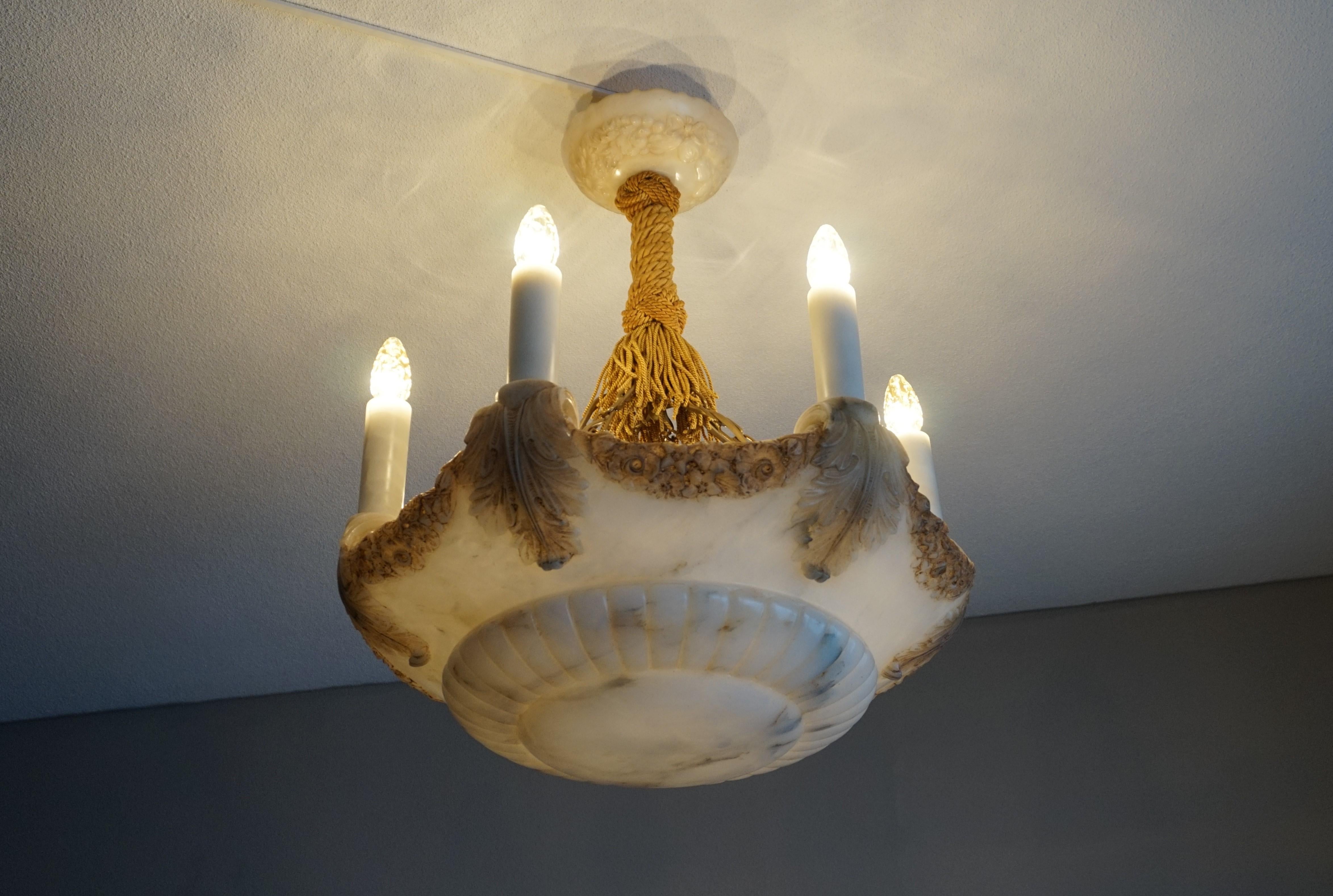 Italian Large & Amazing Hand Carved Antique Neoclassical Alabaster Six-Light Chandelier For Sale