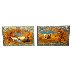 Large & Amazing Pair of Arts & Crafts Shepherd Paintings w. Embossed Brass Sides