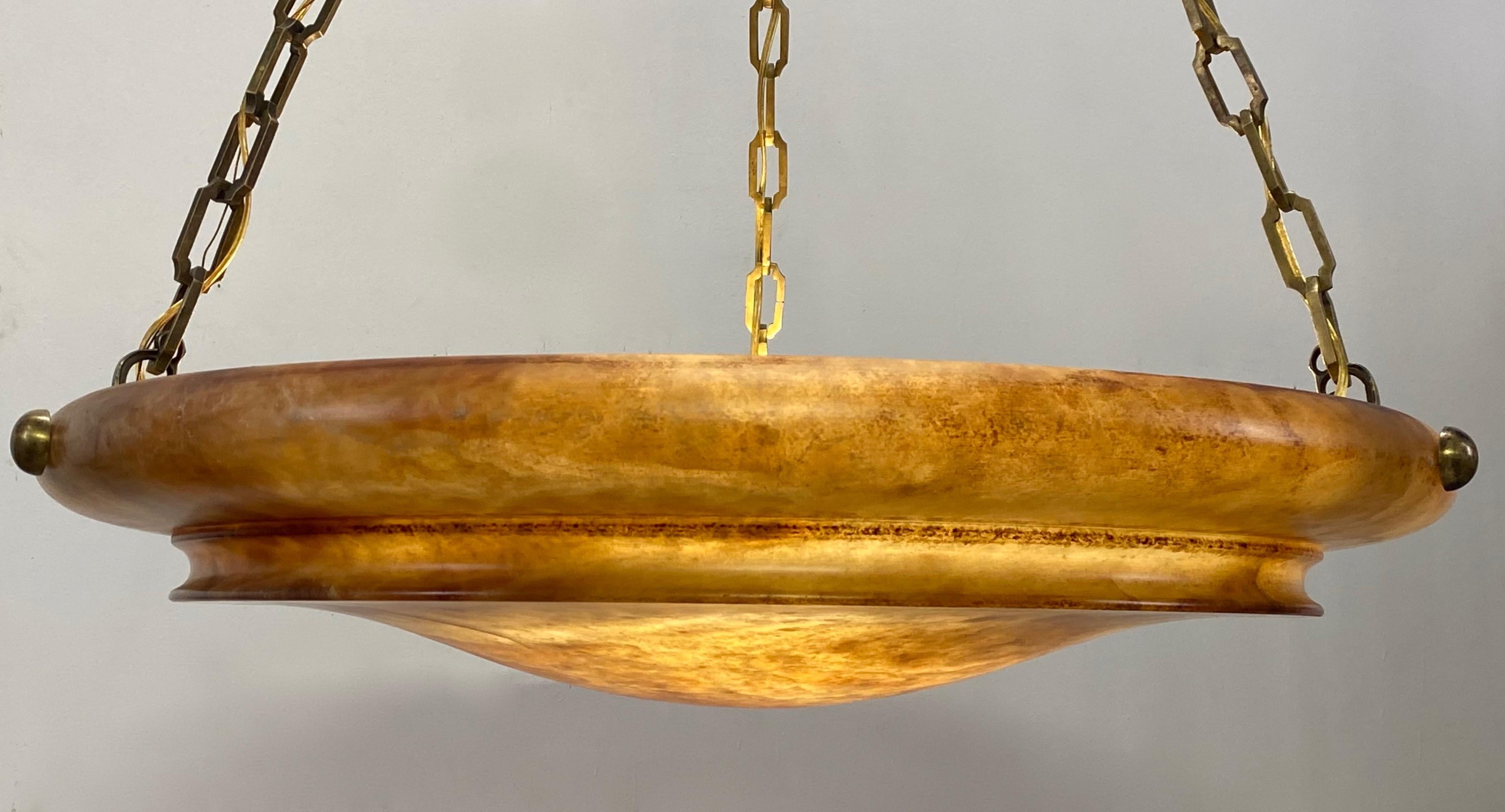 Large Amber Alabaster and Bronze Pendant Light Fixture, 20th Century 1