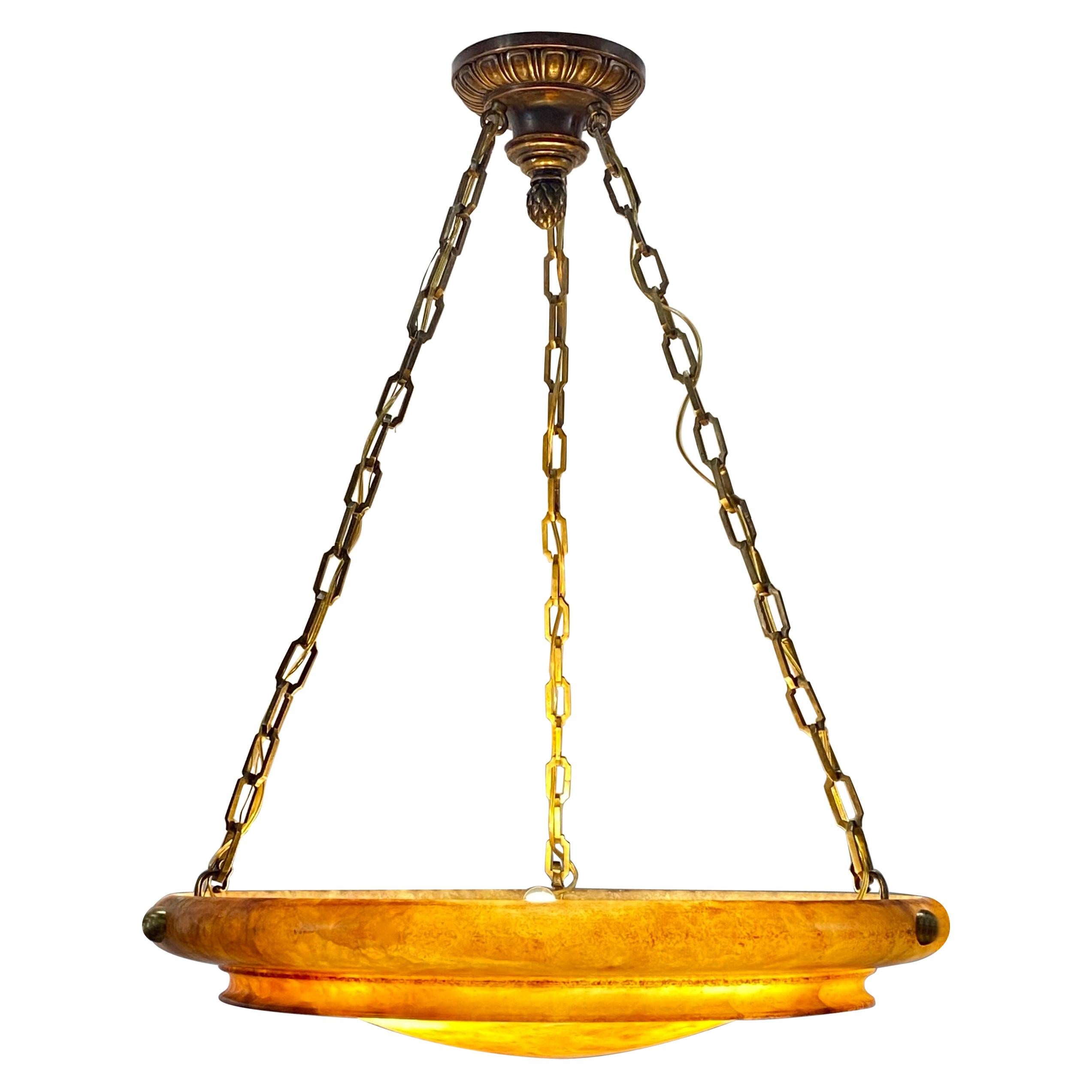 Large Amber Alabaster and Bronze Pendant Light Fixture, 20th Century