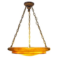 Large Amber Alabaster and Bronze Pendant Light Fixture, 20th Century