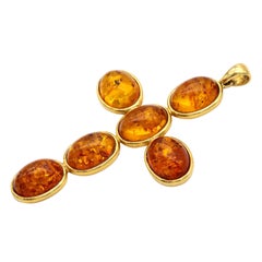 Large Amber and 18 Karat Gold Cross Pendant