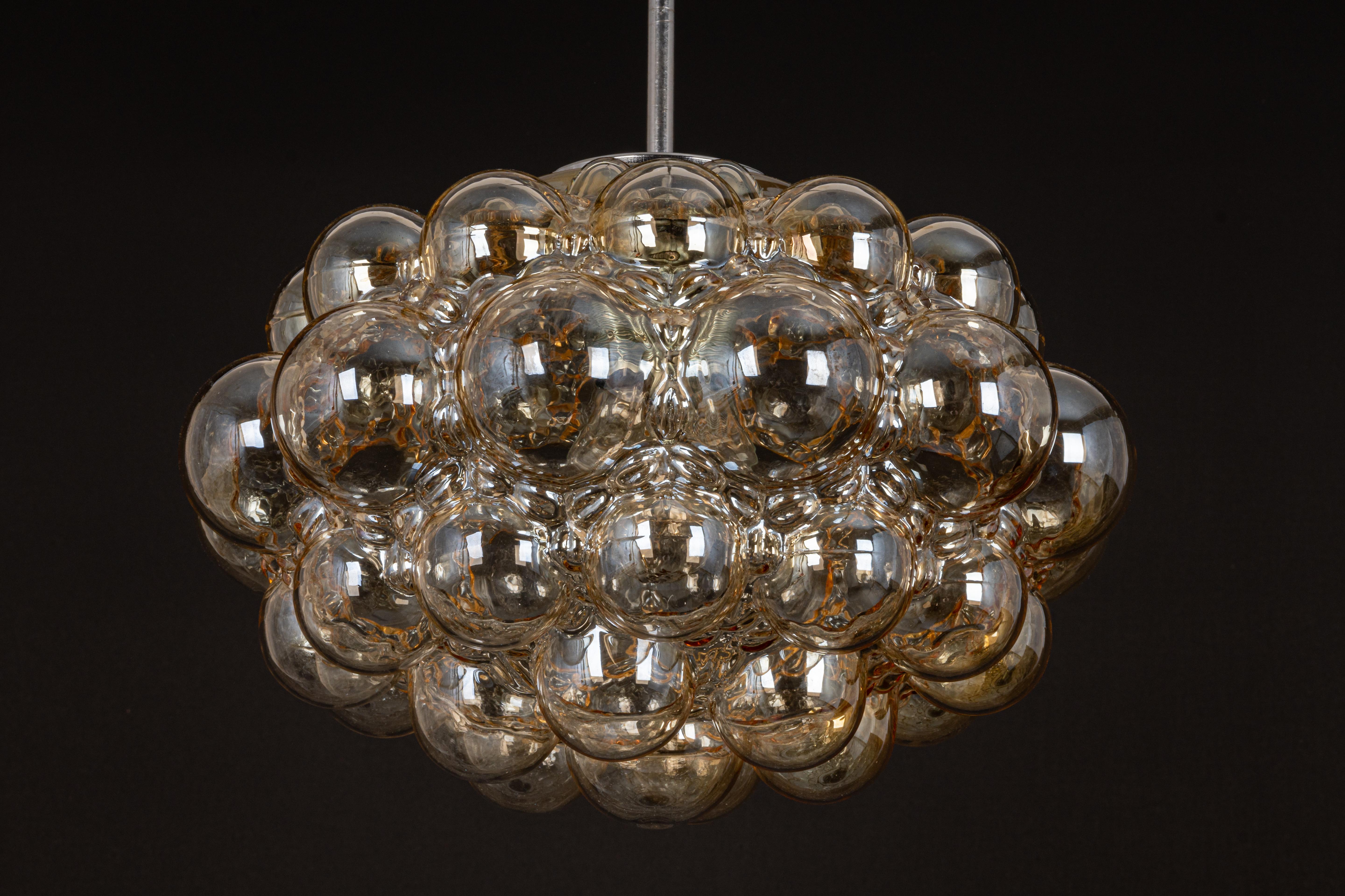 Brass Large Amber Bubble Glass Pendant by Helena Tynell for Limburg, Germany, 1970s