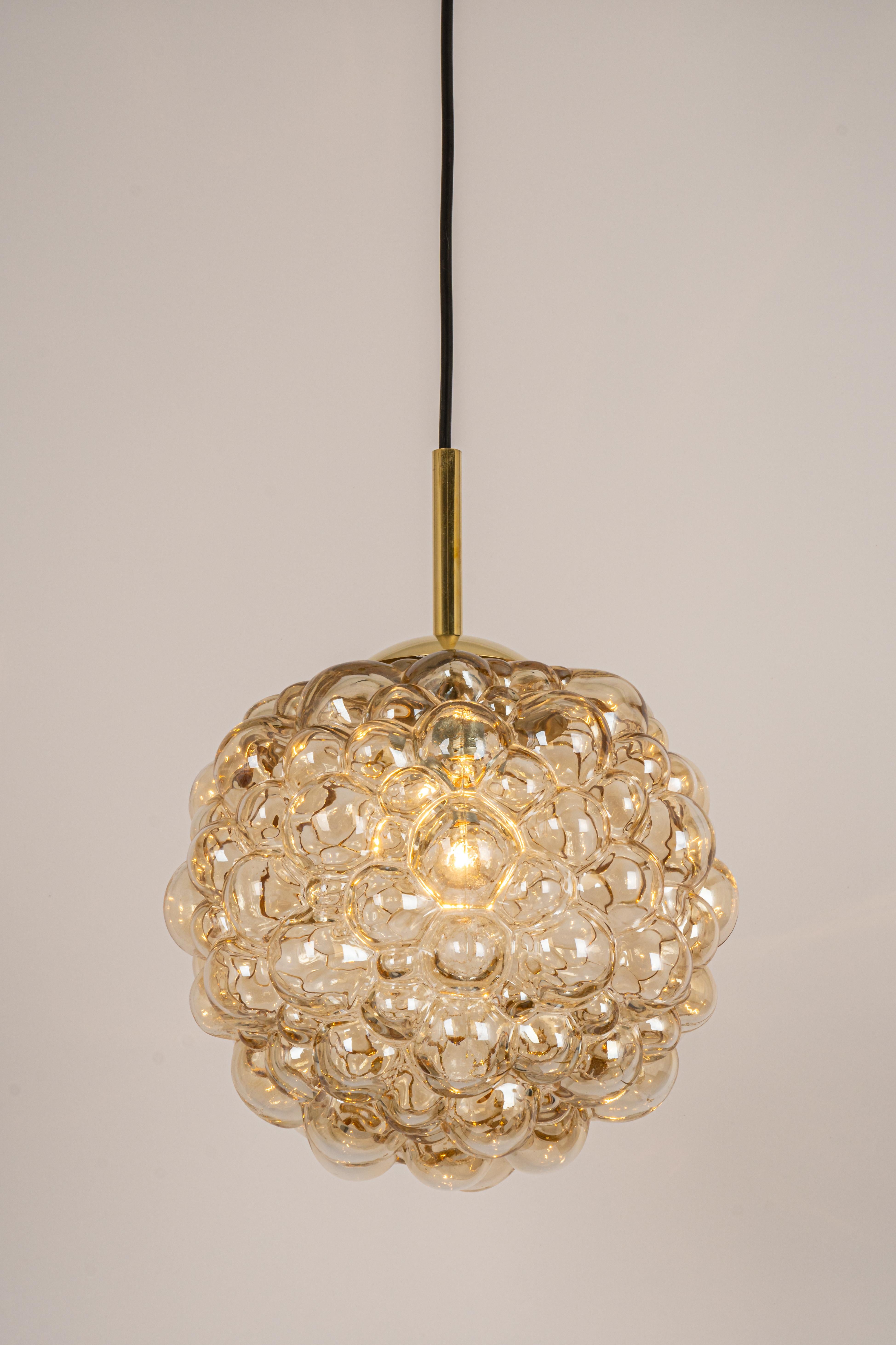 Brass Large Amber Bubble Glass Pendant by Helena Tynell for Limburg, Germany, 1970s