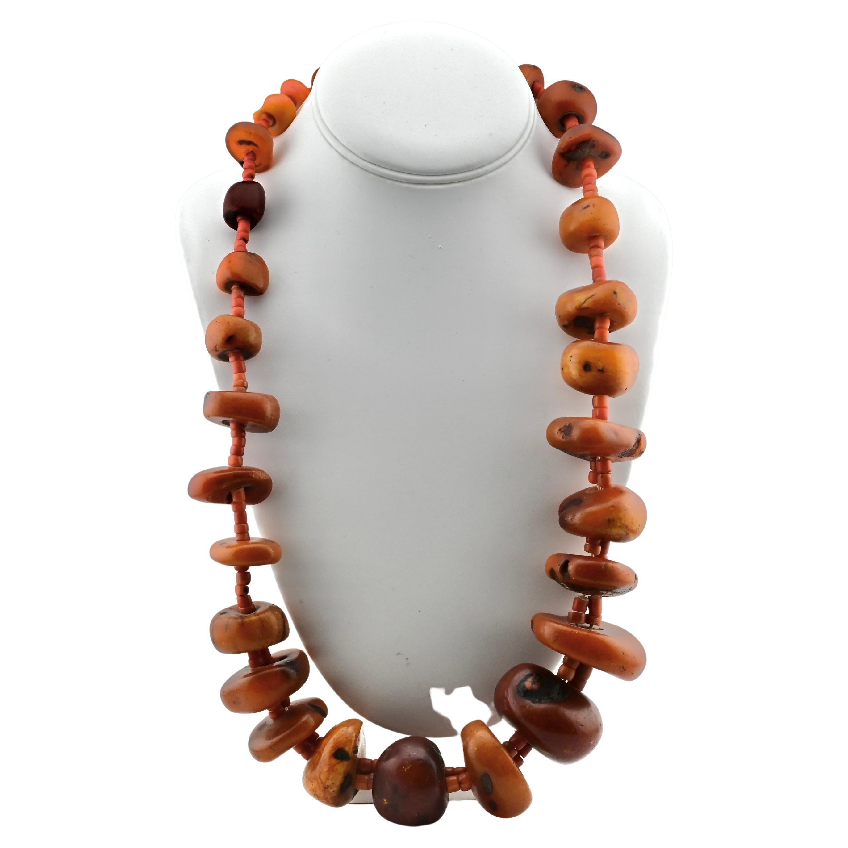 Large Amber Chunk & Coral Beaded Necklace