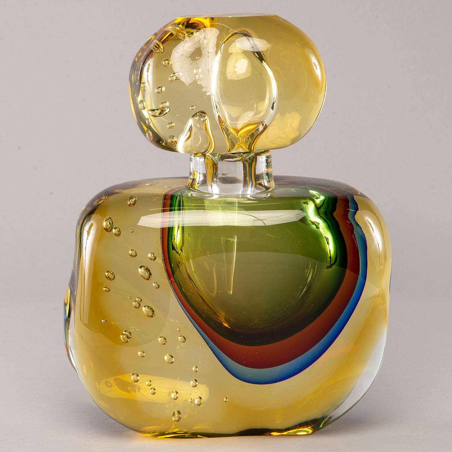 Modern Large Amber Colored Murano Glass Sommerso Perfume Bottle