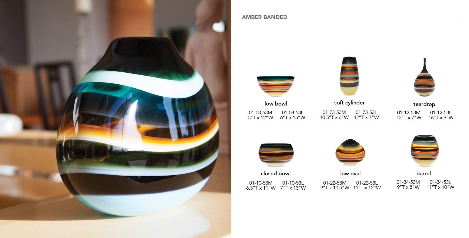 American Large Amber Flat Teardrop Vase, Sculpted Glass, Banded Series by Caleb Siemon