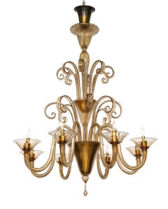 Large Amber Murano Glass Chandelier with Scrolled Ricci