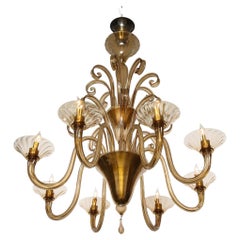 Large Amber Murano Glass Chandelier with Scrolled Ricci