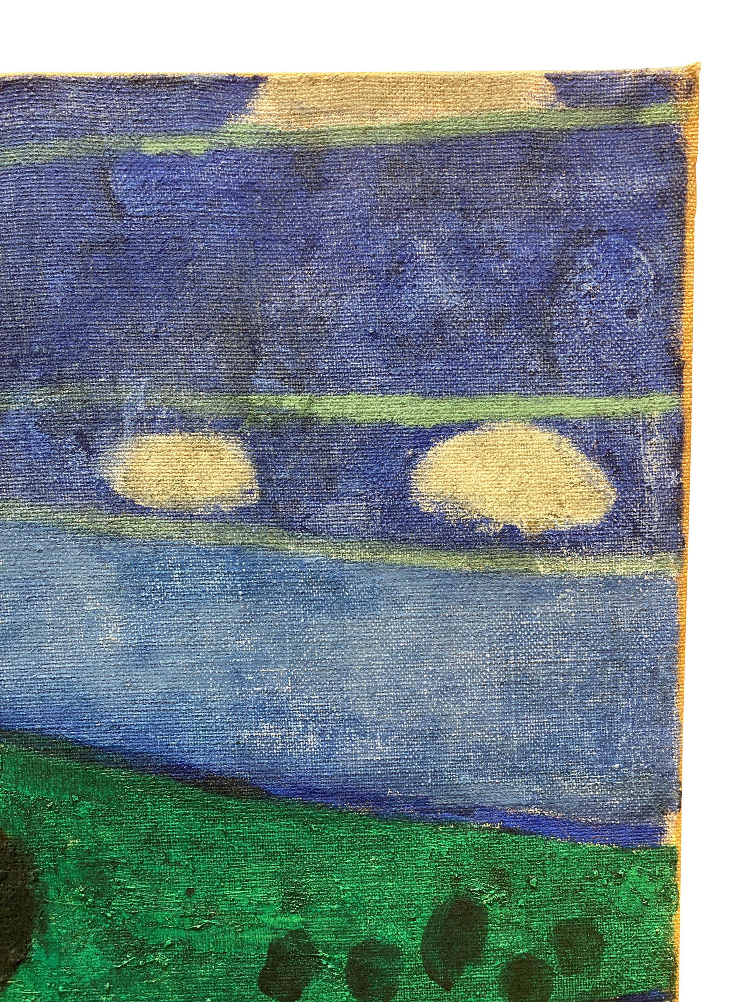 Ein großes amerikanisches abstraktes Ölgemälde auf Leinwand, das die Natur in Blau- und Grüntönen darstellt, von dem amerikanischen Künstler Donald Tait (1923-2018), der später in Paris lebte und malte.